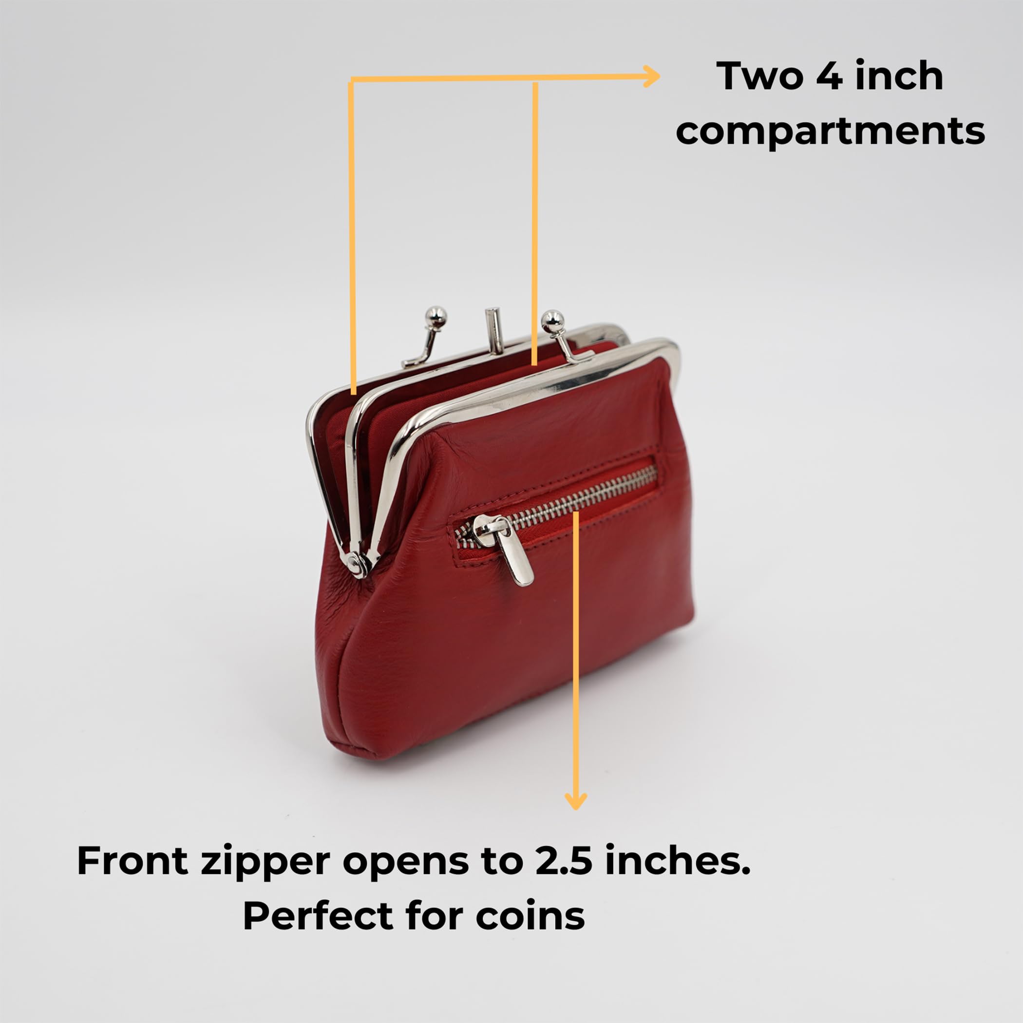 AG Wallets for Women - Soft Leather Coin Purse with Metal Kiss Lock & 2 Zipper Pockets | Holds Folded Cash, Credit Cards & Loose Change | Perfect for Everyday Use, Travel & Shopping