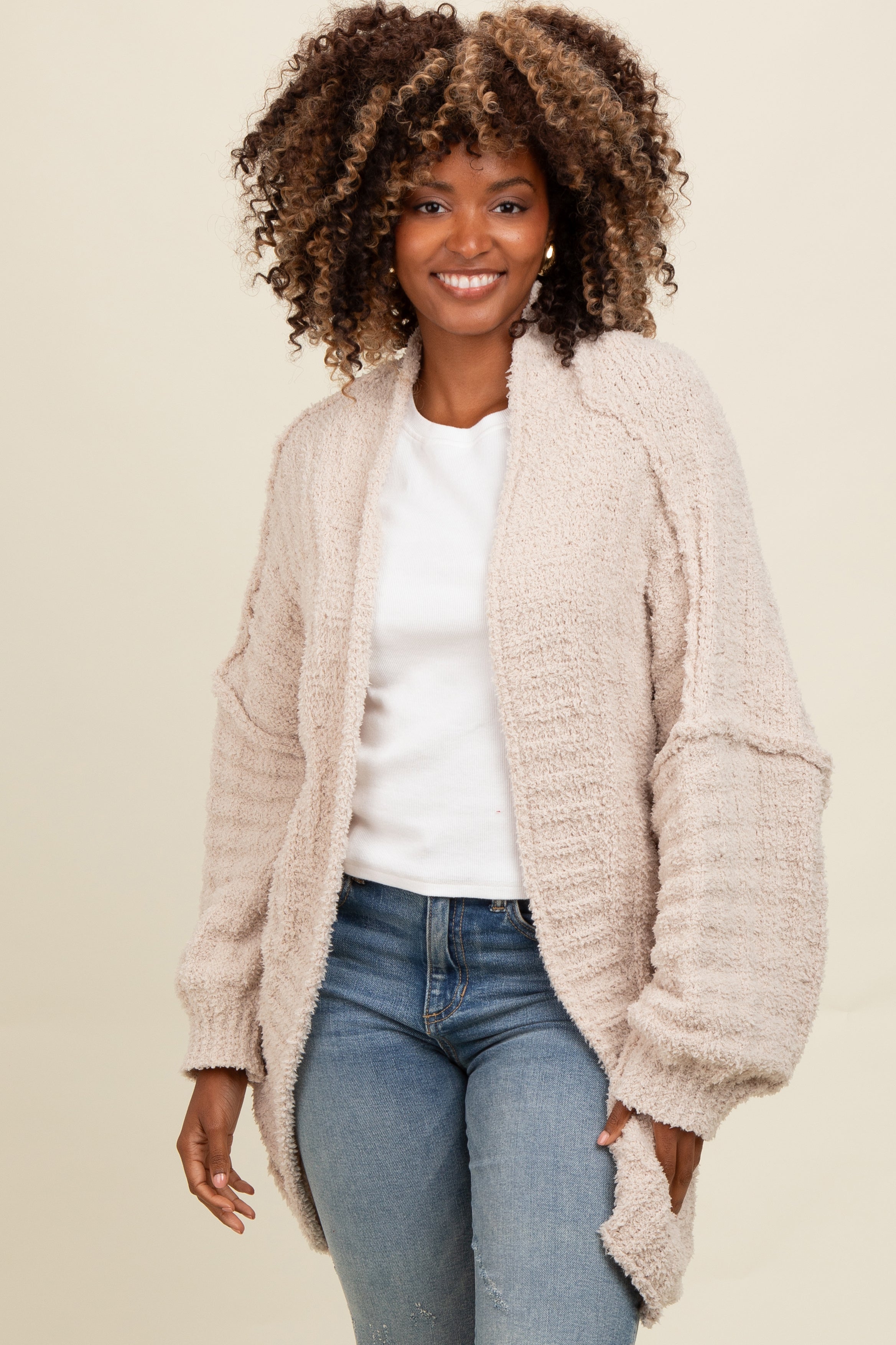 Cozy Beige Oversized Knit Dolman Cardigan for Women - Soft Chunky Sweater for Fall & Winter - Perfect for Layering, Lounging, and Casual Outfits