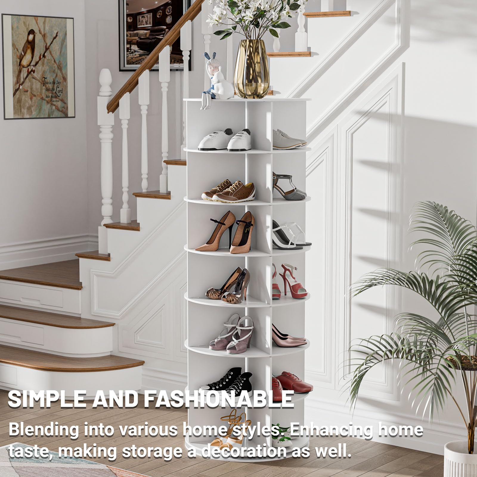 7-Tier Rotating Shoe Rack Organizer - 360° Spinning Shoe Storage Tower with Lazy Susan Base - Free Standing Round Shoe Carousel for Closet, Bedroom & Entryway Organization - Elegant Space-Saving Shoe Rack for Sneakers, Heels & Boots