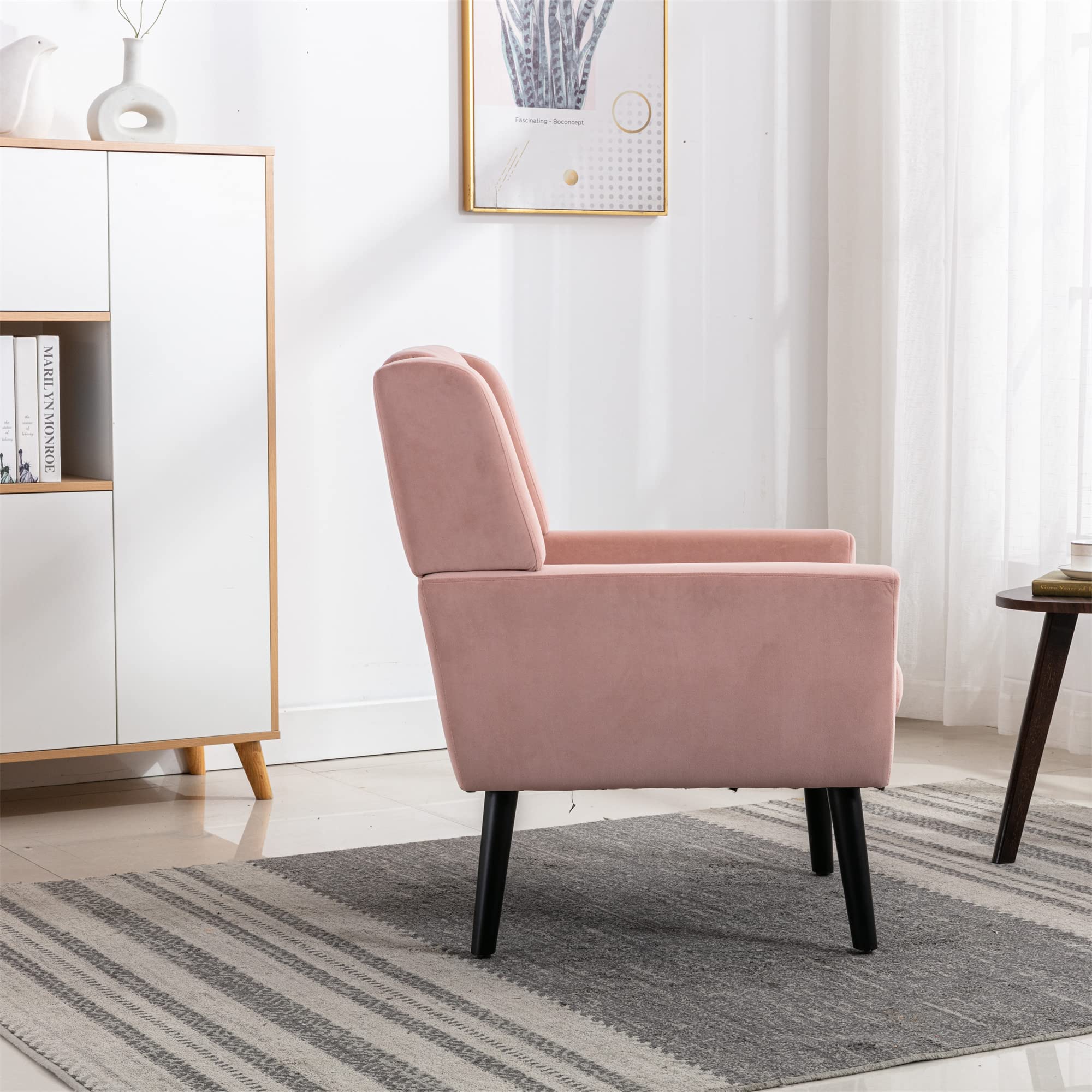 Modern Soft Velvet Accent Chair with Black Legs - Ergonomic Living Room Armchair, Bedroom Lounge Chair for Home Decor | Perfect for Reading Nook, Apartment Living Space & Cozy Corner (Pink)