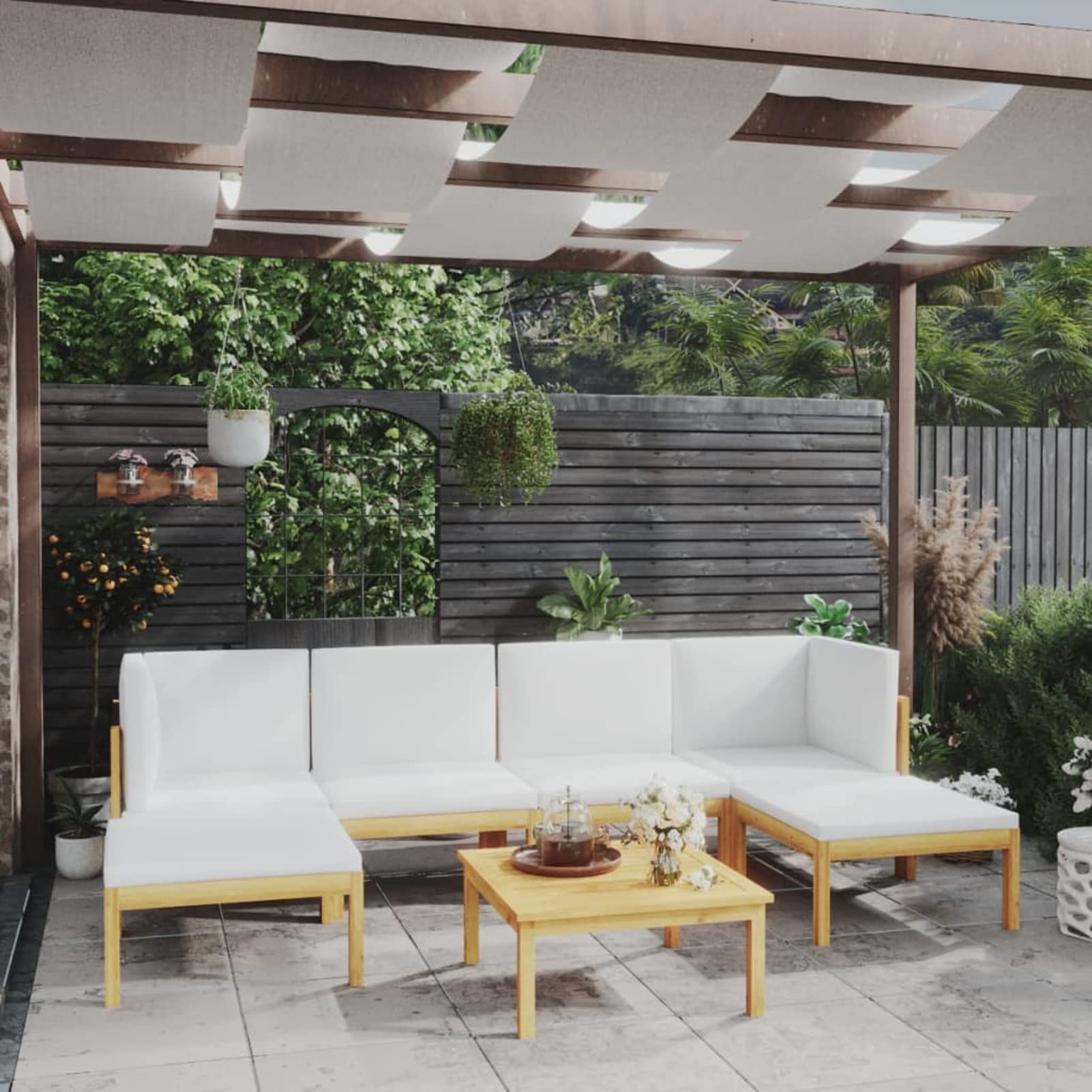Festnight 7-Piece Patio Lounge Set with Cushions - Solid Acacia Wood Chaise Lounge Chairs in Cream - Perfect for Poolside, Backyard, Garden & Outdoor Relaxation