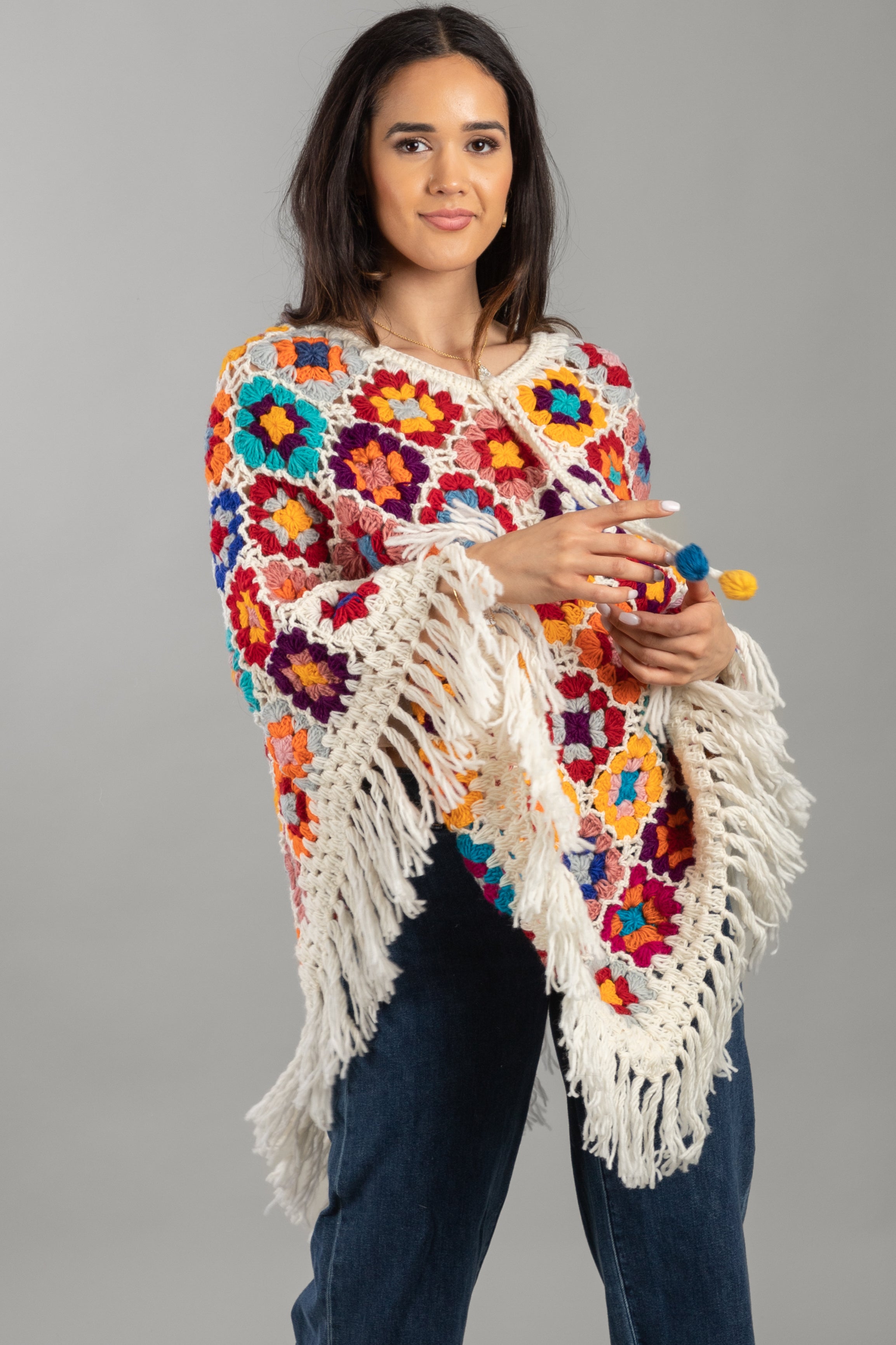 Stylish Crochet Fringe Sweater Poncho for Women - Boho Chic Knit Cardigan Wrap - Perfect for Fall Fashion, Beach Cover Up & Cozy Lounge Wear