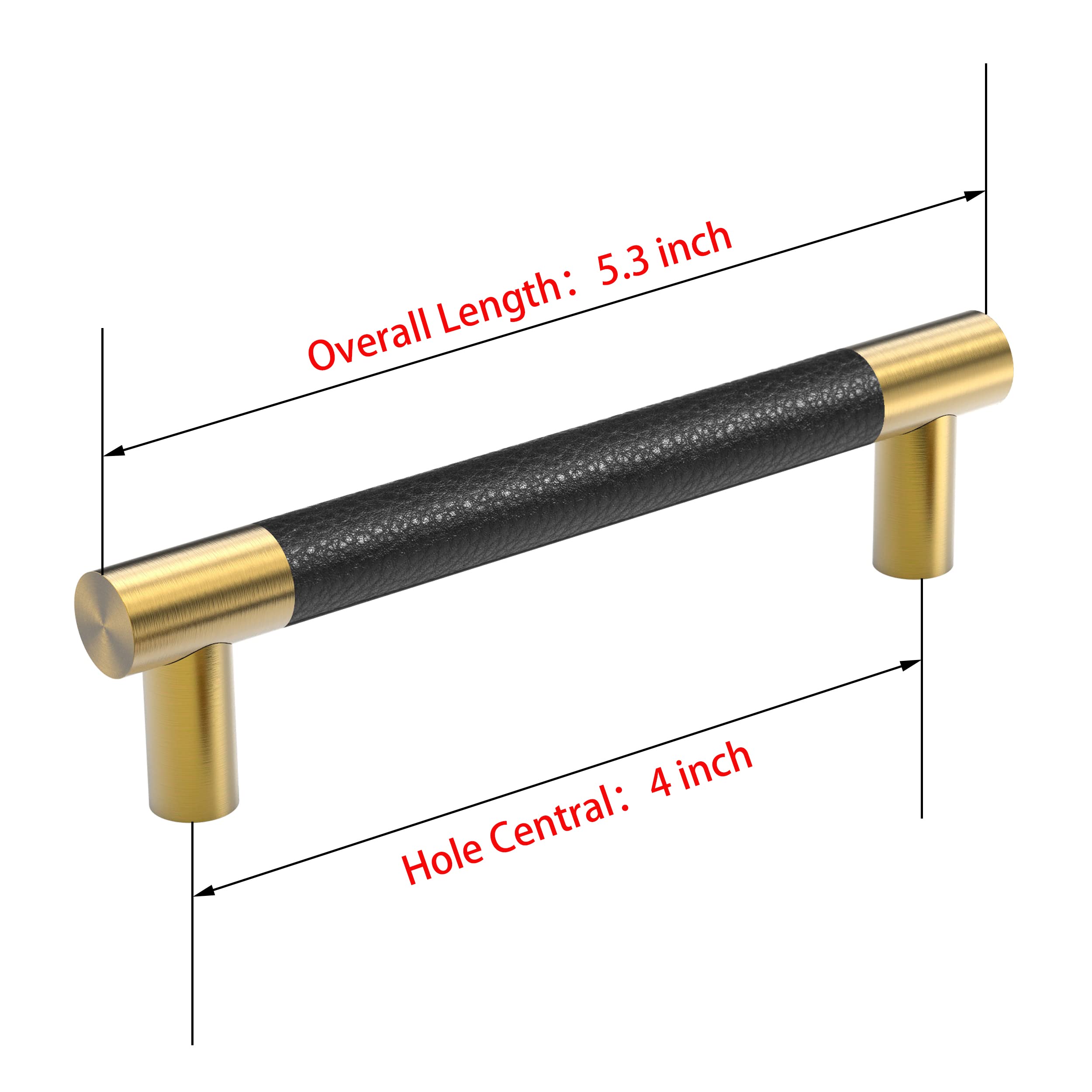Brushed Satin Gold/Brass Cabinet Handles with Black Leather - 10 Pack (4