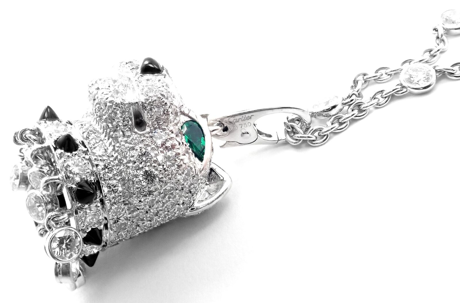 Authentic Cartier Panther 18k White Gold Diamond Emerald Onyx Pendant Necklace - Luxury Jewelry Gift for Women, Perfect for Weddings & Special Occasions