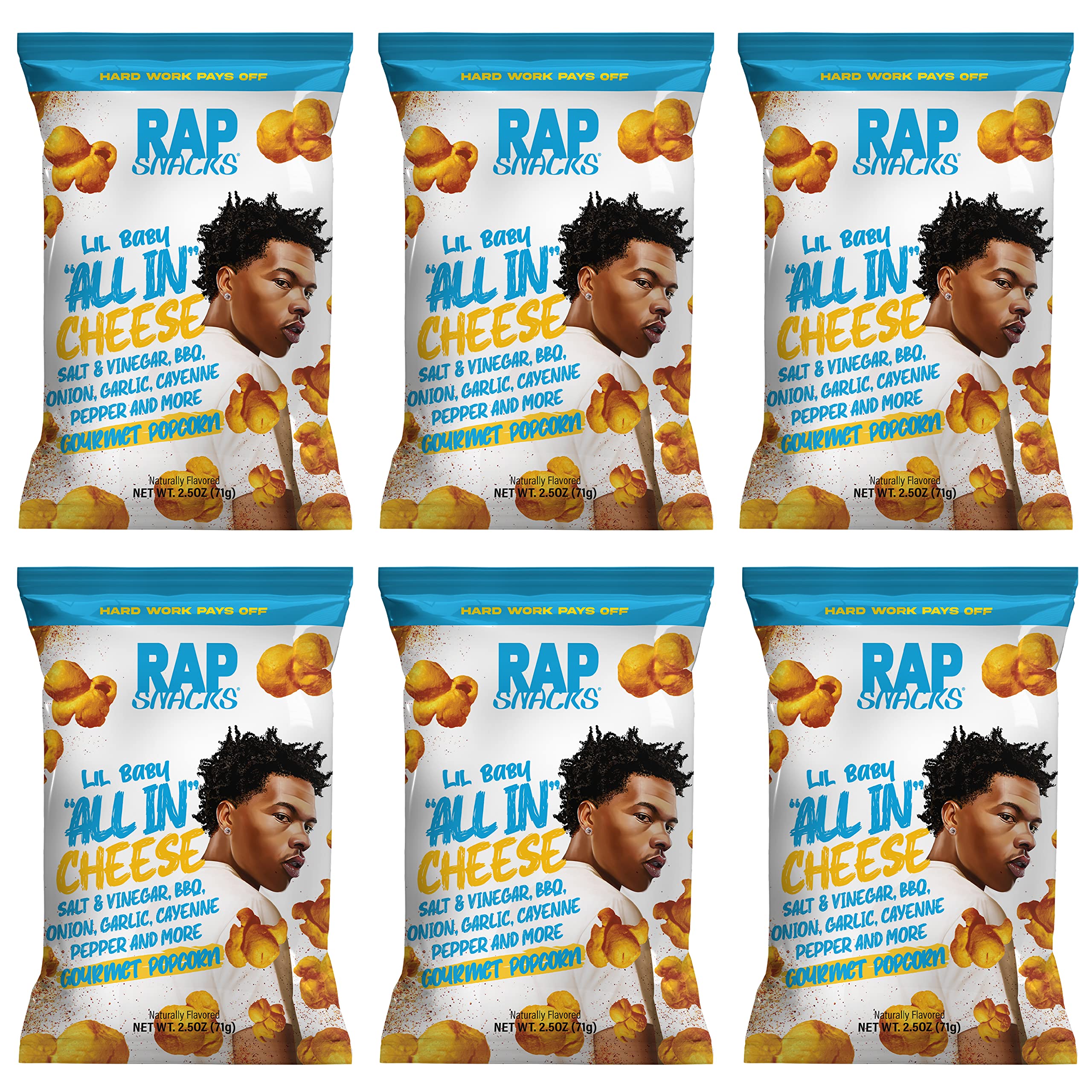 Rap Snacks Lil Baby All In Cheese Popcorn 2.5 Oz Bags - Pack of 6 | Delicious Cheese Flavored Snacks for Parties, Movie Nights & On-the-Go Snacking