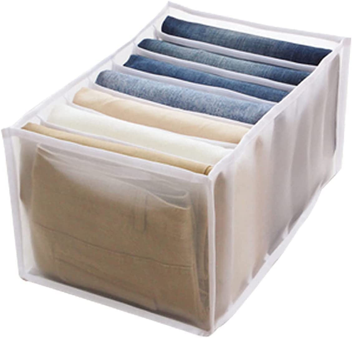 7 Grids Washable Wardrobe Closet Organizer - Foldable Mesh Storage Box for Jeans, Underwear & Clothes | Stackable Drawer Divider with Compartment Design | Perfect for Bedroom, Closet & Small Space Organization (White, Jeans Grid)