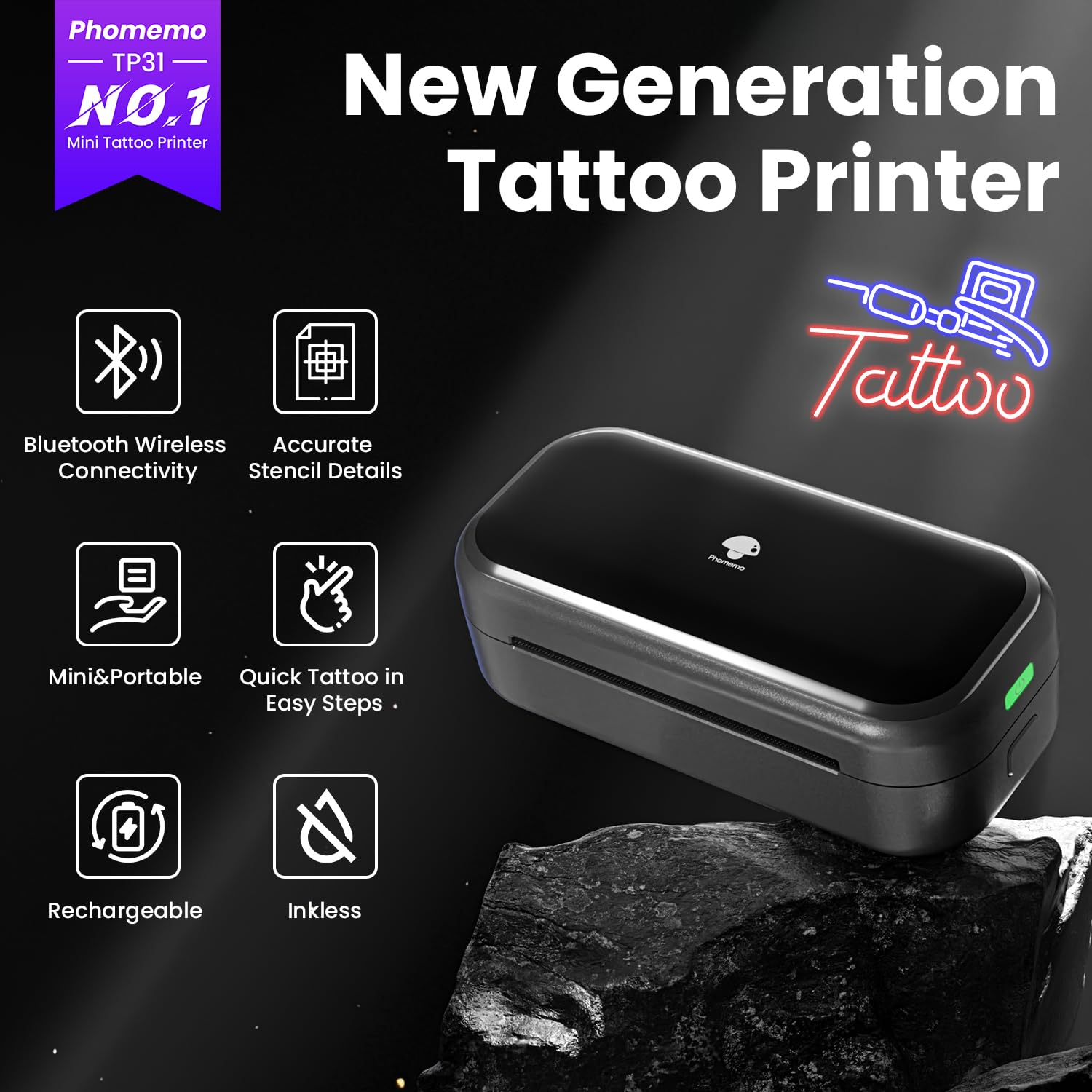 Phomemo TP31 Wireless Tattoo Printer Kit with 50 Practice Skins - Portable Tattoo Stencil Machine for Beginners & Professionals, Perfect for Tattoo Practice, Art Design & Body Art Studio Use