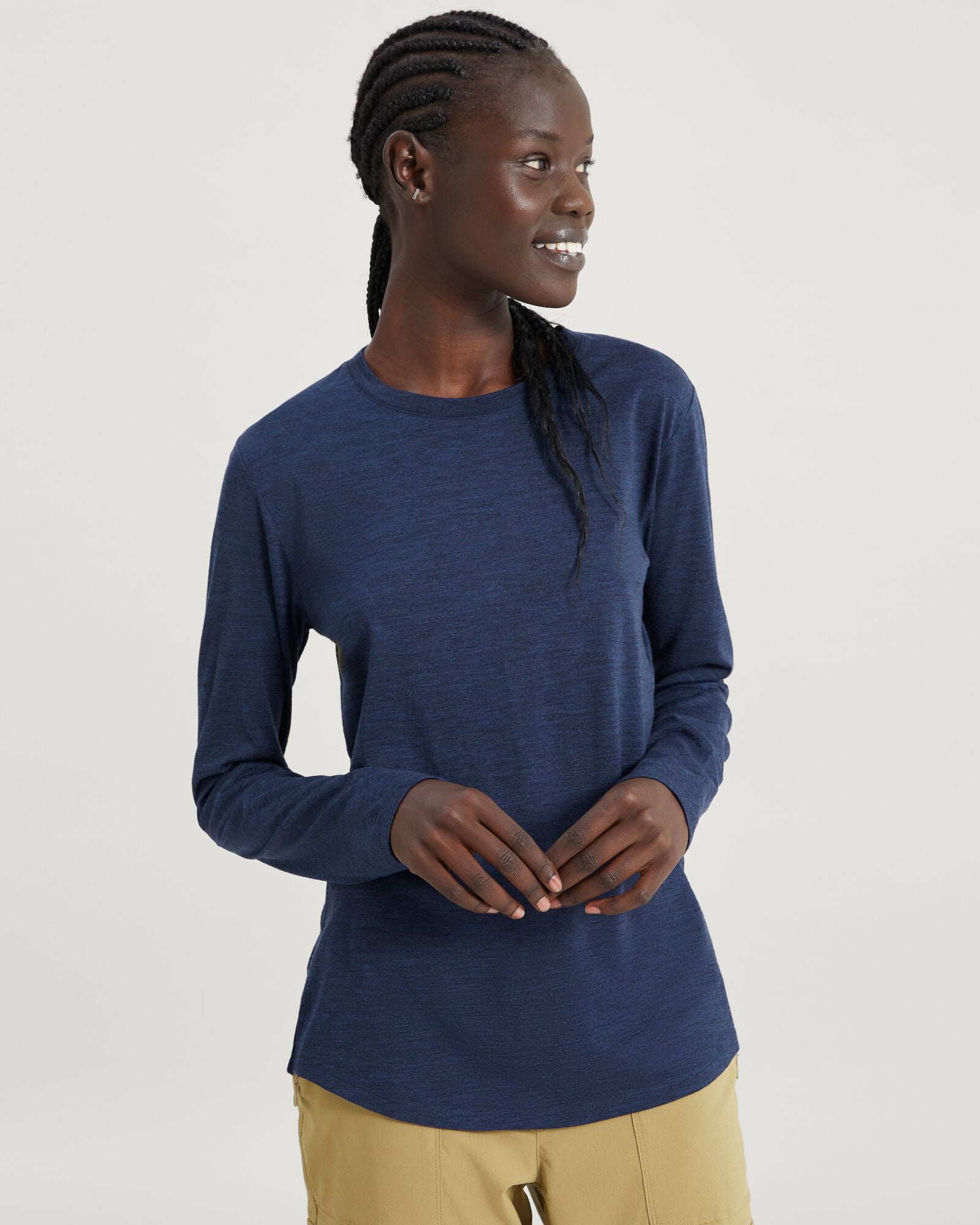 100% Merino Wool Long Sleeve Crew Neck Top for Women - Soft & Warm Winter Base Layer - Midnight Navy Marle - Perfect for Hiking, Travel & Cold Weather Activities