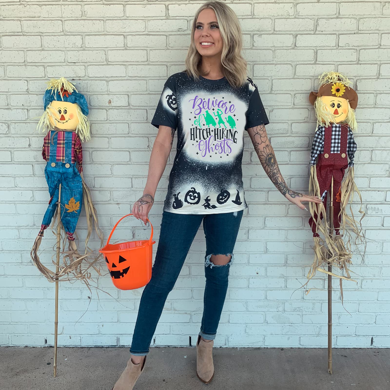 Funny Beware of Hitch Hiking Ghost T-Shirt for Women - Halloween Haunted Shirt Short Sleeve Tee - Perfect for Halloween Parties & Spooky Costumes