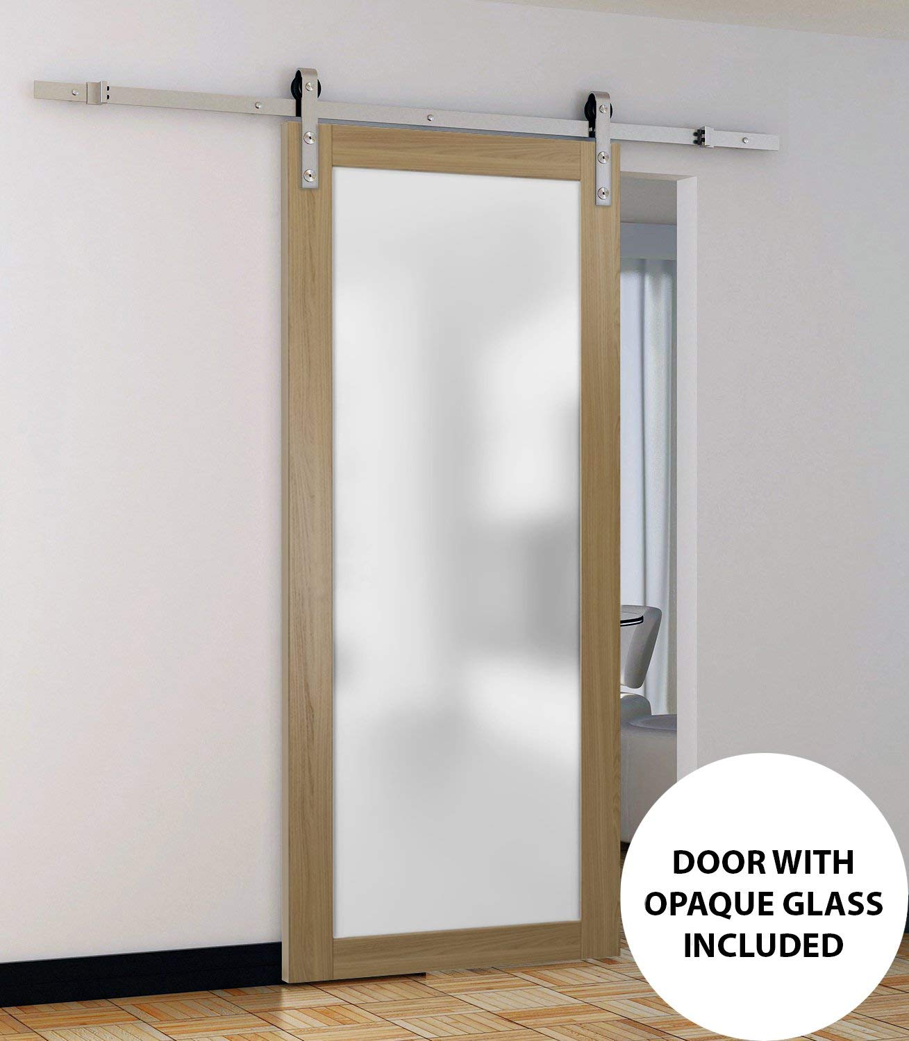 SARTODOORS 28x80 Inch Frosted Tempered Glass Barn Door with Stainless Steel Rail - Modern Solid Panel Interior Door for Bedroom, Bathroom, Closet - Planum 2102 Honey Ash Finish - Top Mount Heavy Duty 6.6FT Hangers