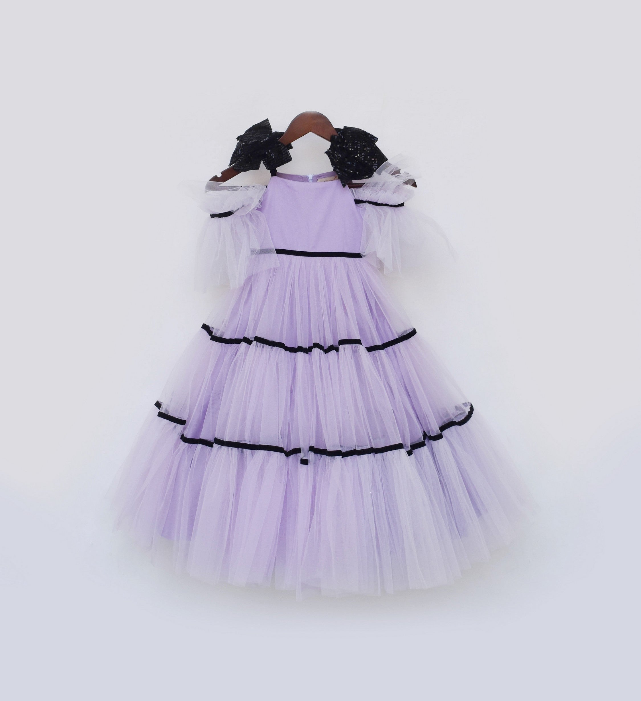 **Lilac Net Gown with Black Bow - Elegant Floral Lace Dress for Women | Perfect for Weddings, Parties & Special Occasions**