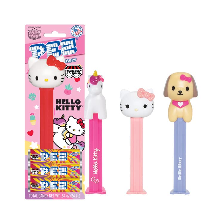 Kosher Candy Assorted Fruit Flavor Pez Hello Kitty Blister Pack with Dispenser - Nut Free, Gluten Free, 0.87 Oz (Pack of 4) - Perfect for Kids' Lunchboxes, Birthday Party Favors, and Halloween Treats