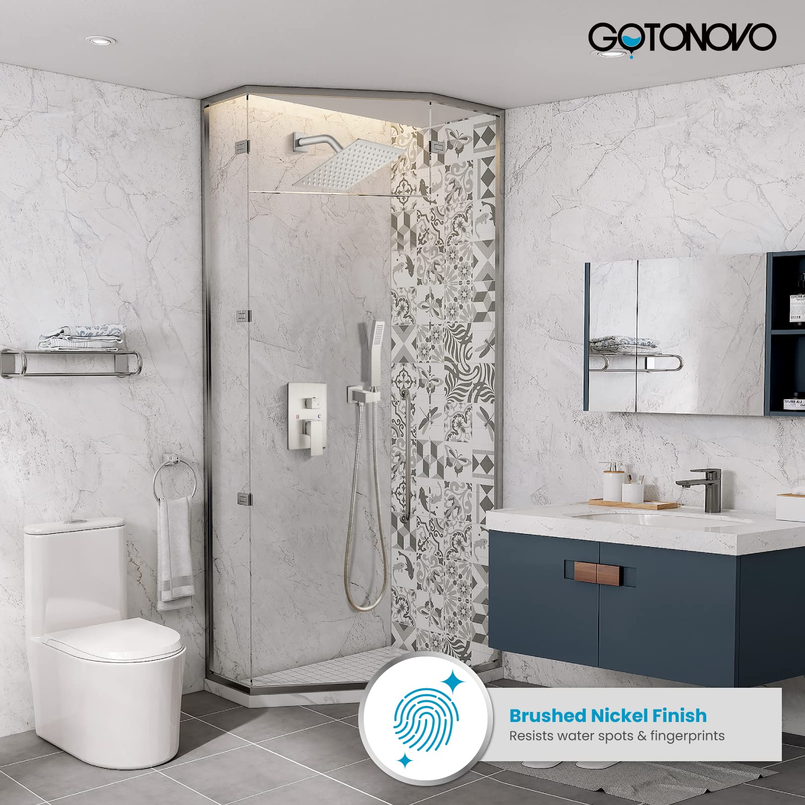 Gotonovo 8 Inch Rainfall Shower System - Brushed Nickel Wall Mounted Shower Head and Handle Combo with Solid Brass Pressure Balancing Mixer Valve - Perfect for Modern Bathroom Renovation and Spa-Like Shower Experience