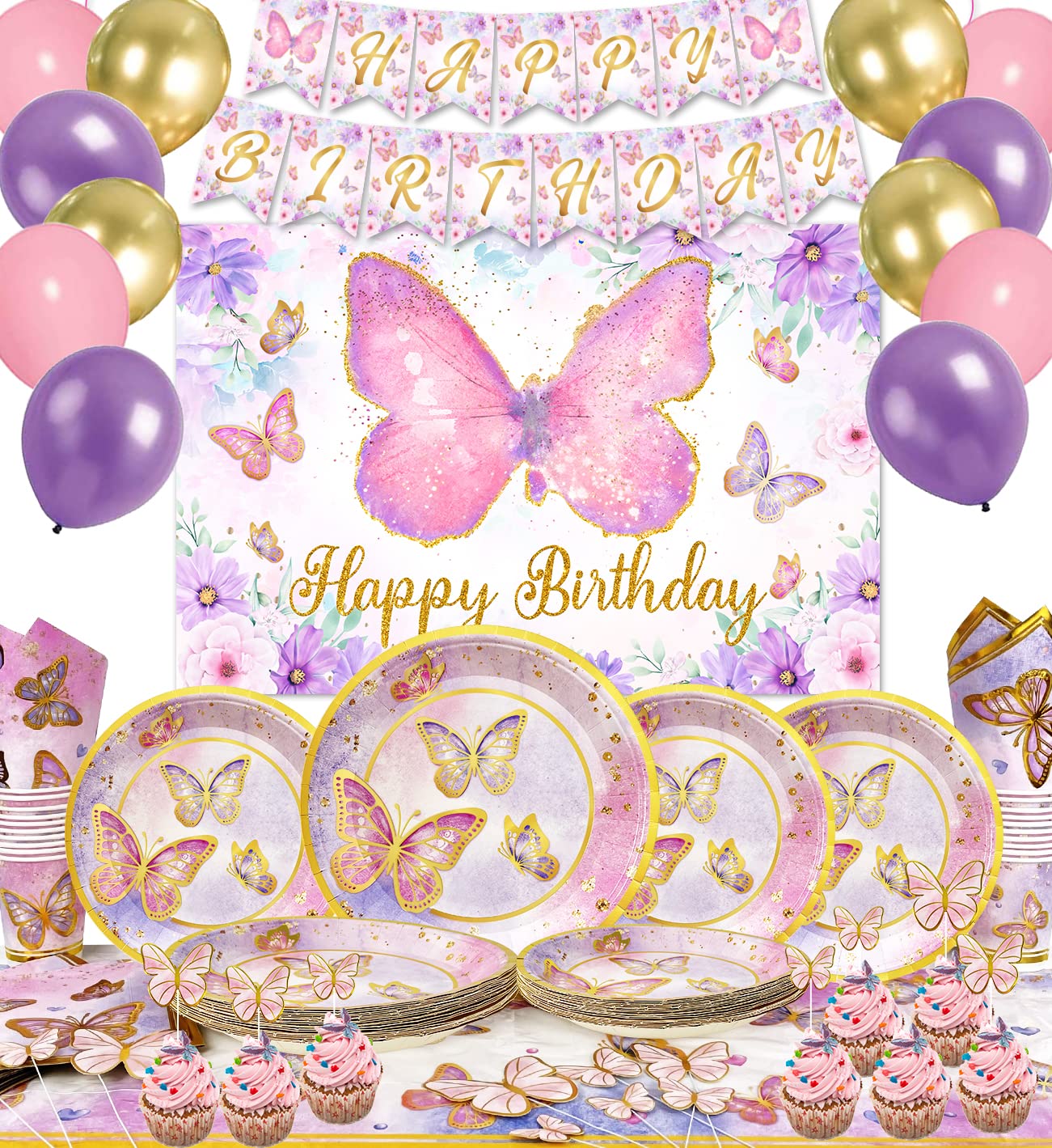 Butterfly Birthday Party Decorations for Girls - 20-Piece Butterfly Plates, Napkins & Backdrop Banner Set - Baby Shower & Birthday Party Supplies - Perfect for Indoor & Outdoor Celebrations