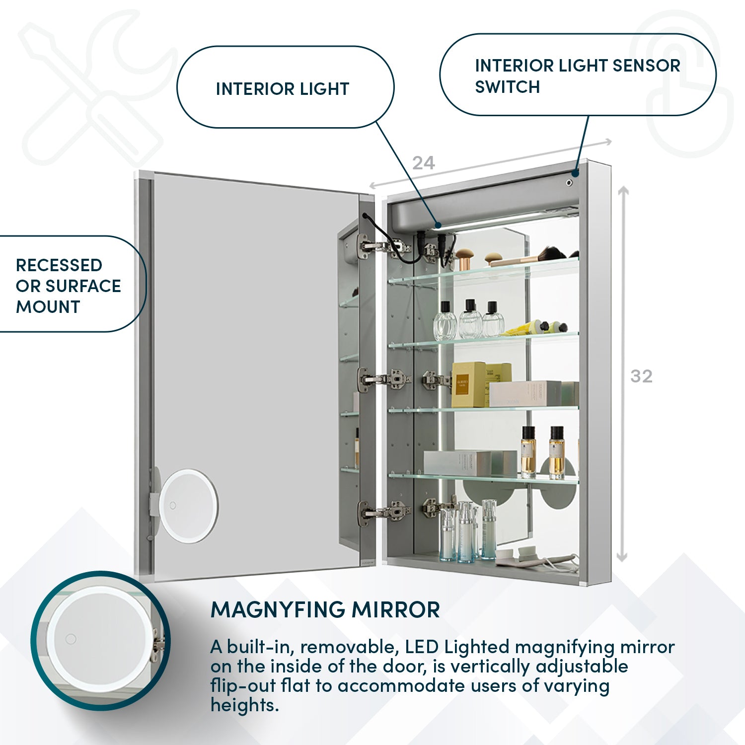Aquadom Edge Royale 24x32 Inch LED Lighted Bathroom Medicine Cabinet with Mirror - Right or Left Hinge - Perfect for Modern Bathrooms, Vanities & Home Decor