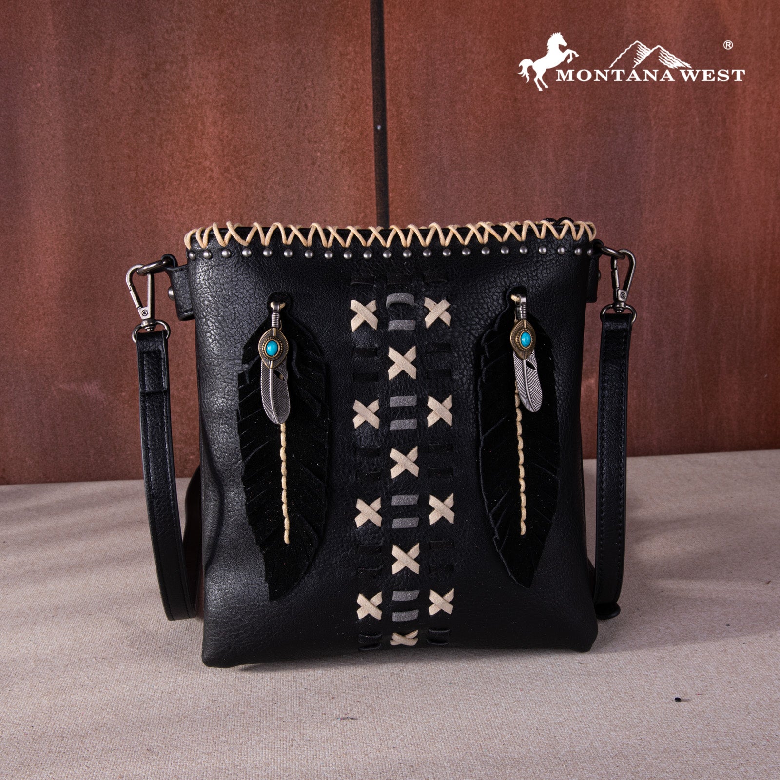 Montana West Concho Feather Whipstitch Crossbody Bag for Women - Stylish Leather Shoulder Purse with Feather Detailing, Perfect for Daily Use, Travel & Casual Outings
