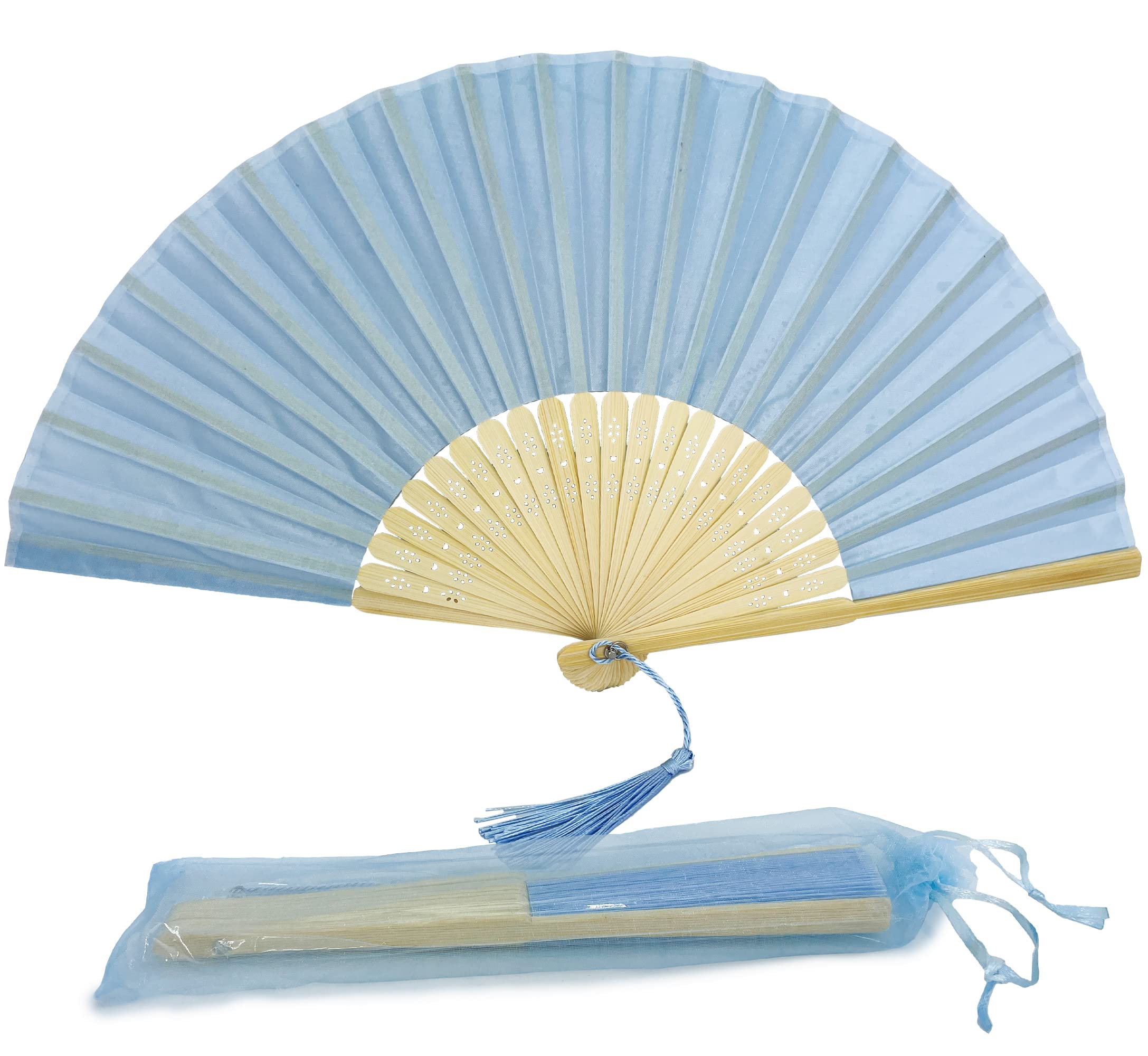 Premium Handheld Folding Fabric Fan with Tassel - Grade A Bamboo Ribs for Women & Girls | Summer Cooling, Wedding Favors, Birthday Gifts, Party Events (Baby Blue) - Perfect for Outdoor Weddings, Beach Parties & Hot Weather Relief