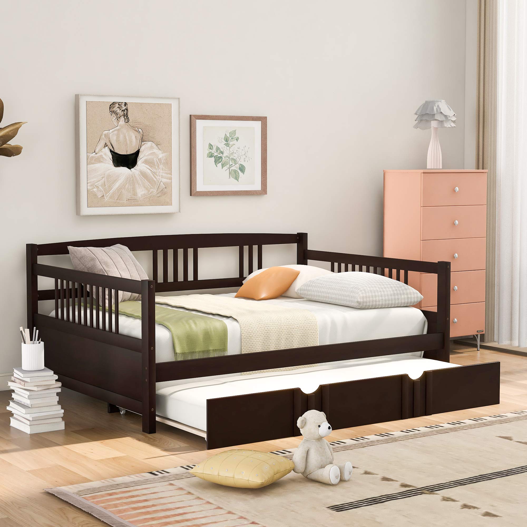 Full Size Wooden Daybed with Twin Trundle - 10 Wooden Slats Support, No Box Spring Needed (Espresso Finish) - Perfect for Guest Rooms, Dormitories & Small Space Living