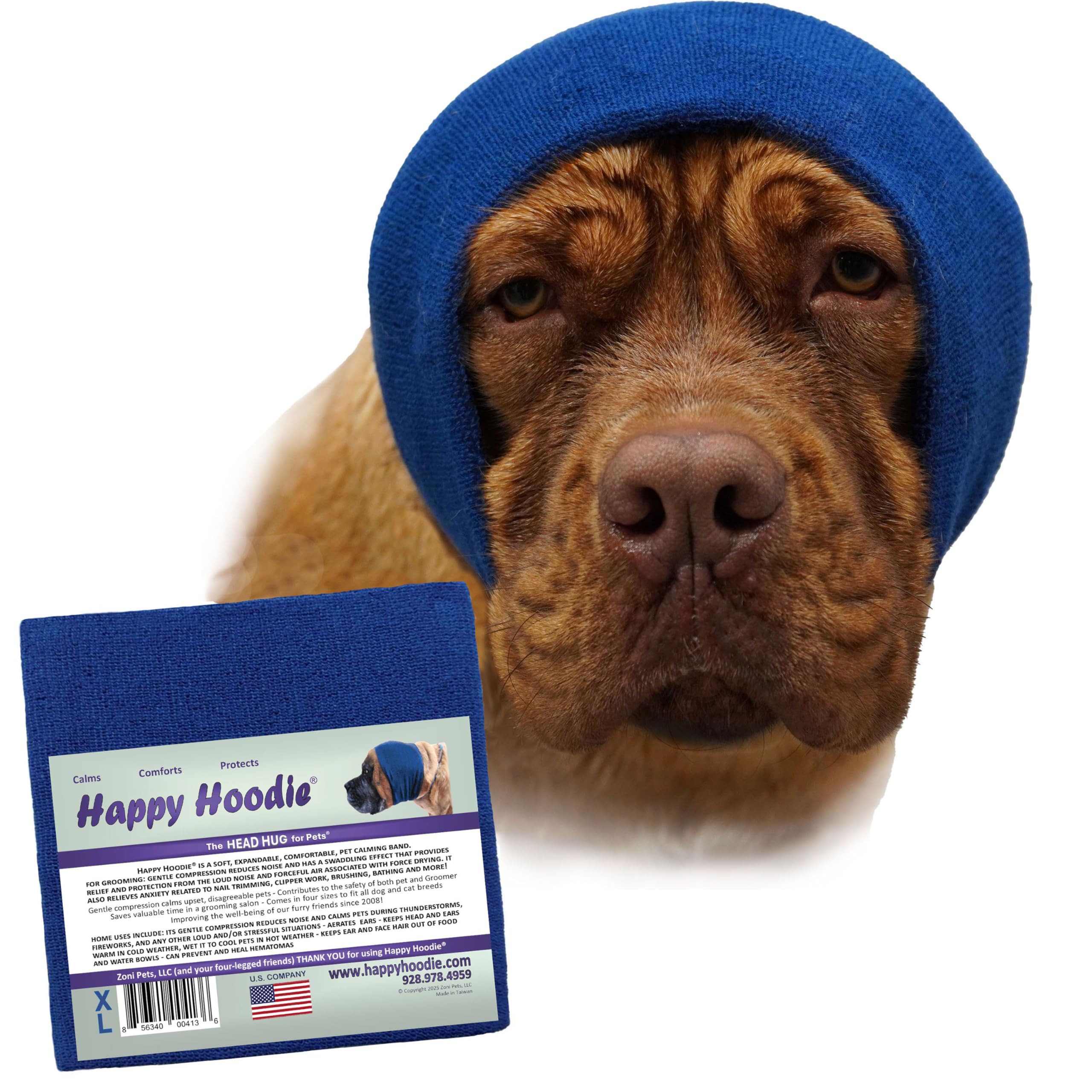 Happy Hoodie The Original Calming Band for Dogs & Cats - Anxiety Relief & Noise Canceling for Fireworks, Thunderstorms, Grooming - Dog Calming Aid Since 2008 (X-Large, Blue) - Perfect for Vet Visits, Travel & Stressful Situations