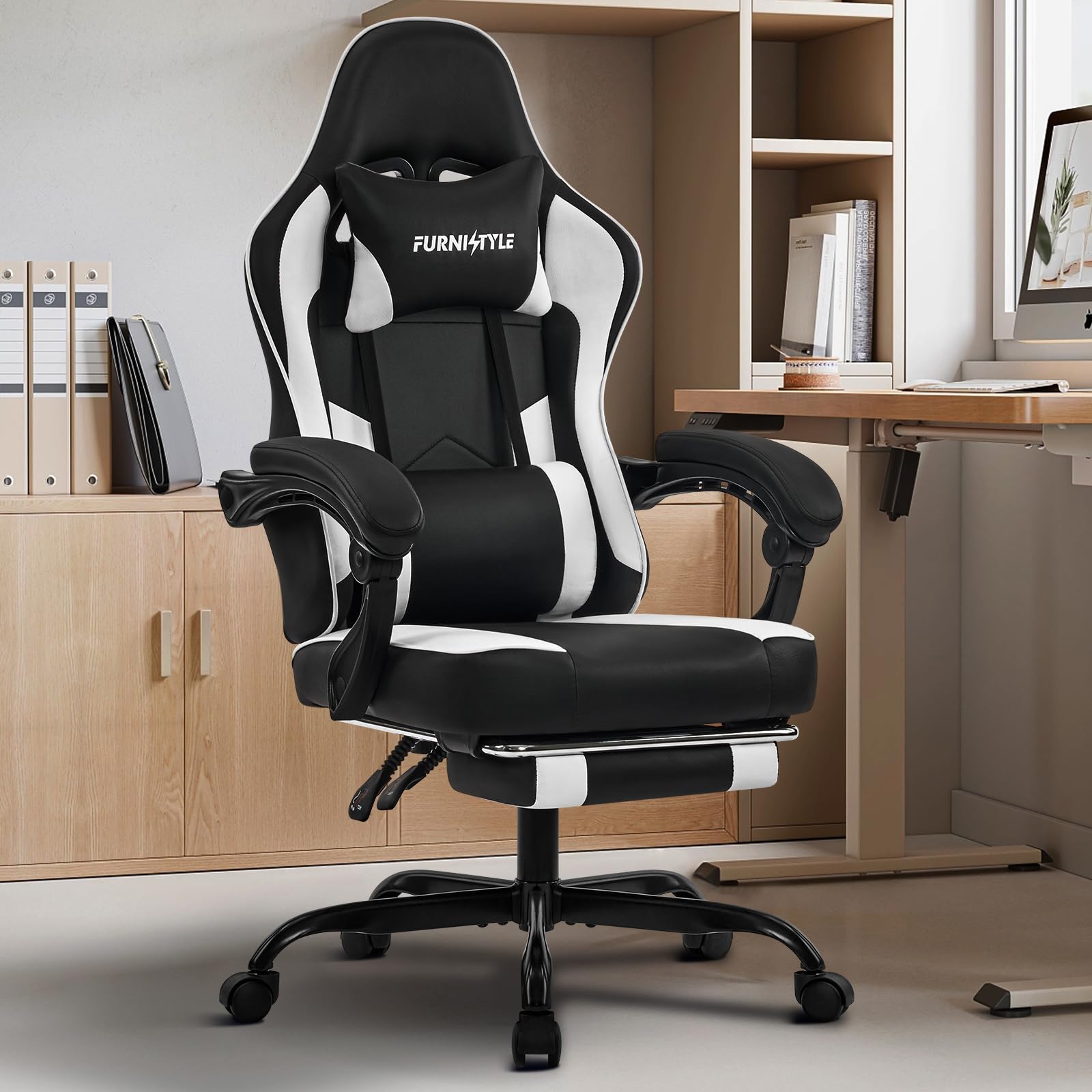 Ergonomic Gaming Chair with Adjustable Footrest & Lumbar Support - Reclining Computer Desk Chair for Adults with Linkage Armrests - PU Leather Office & Video Game Chair (Black-White) - Perfect for Esports, Streaming & Home Office Workspace