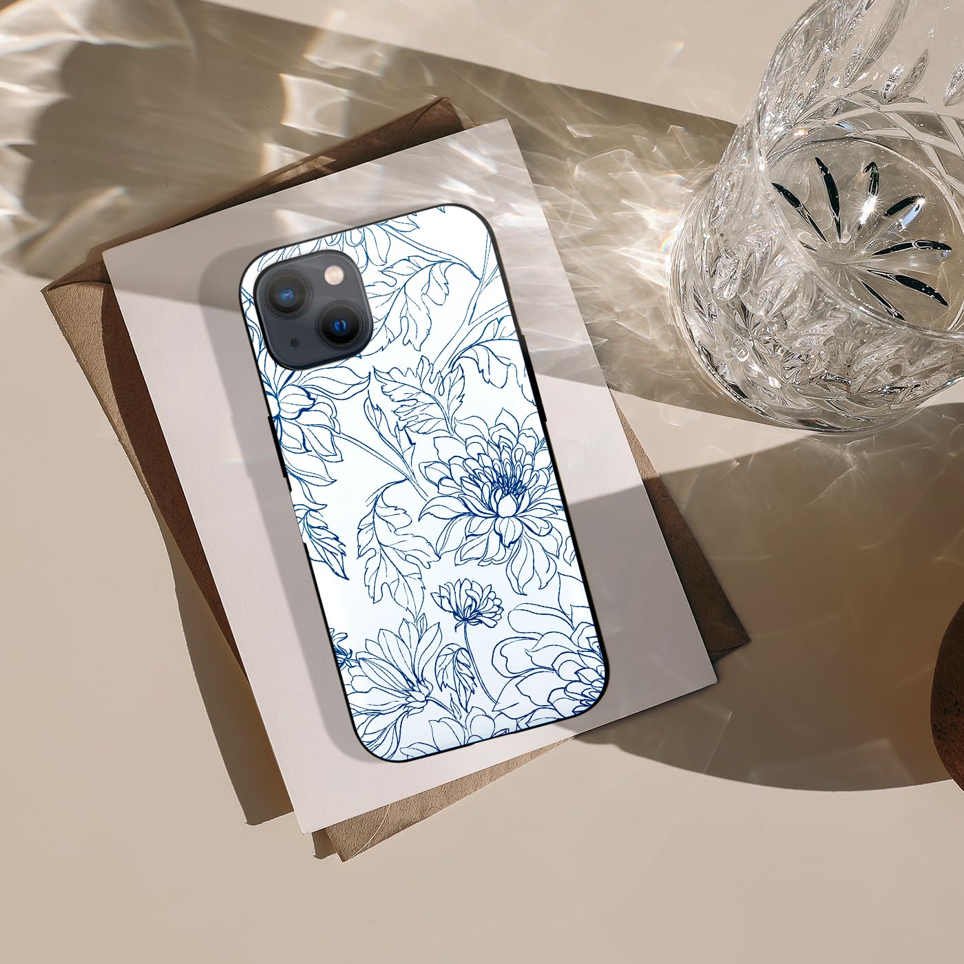 Qoosan Slim Protective iPhone 15 Case (6.1 inch) with Built-in Card Holder, Wallet & Kickstand - Floral Line Design - Perfect for Everyday Use, Travel & Hands-Free Viewing
