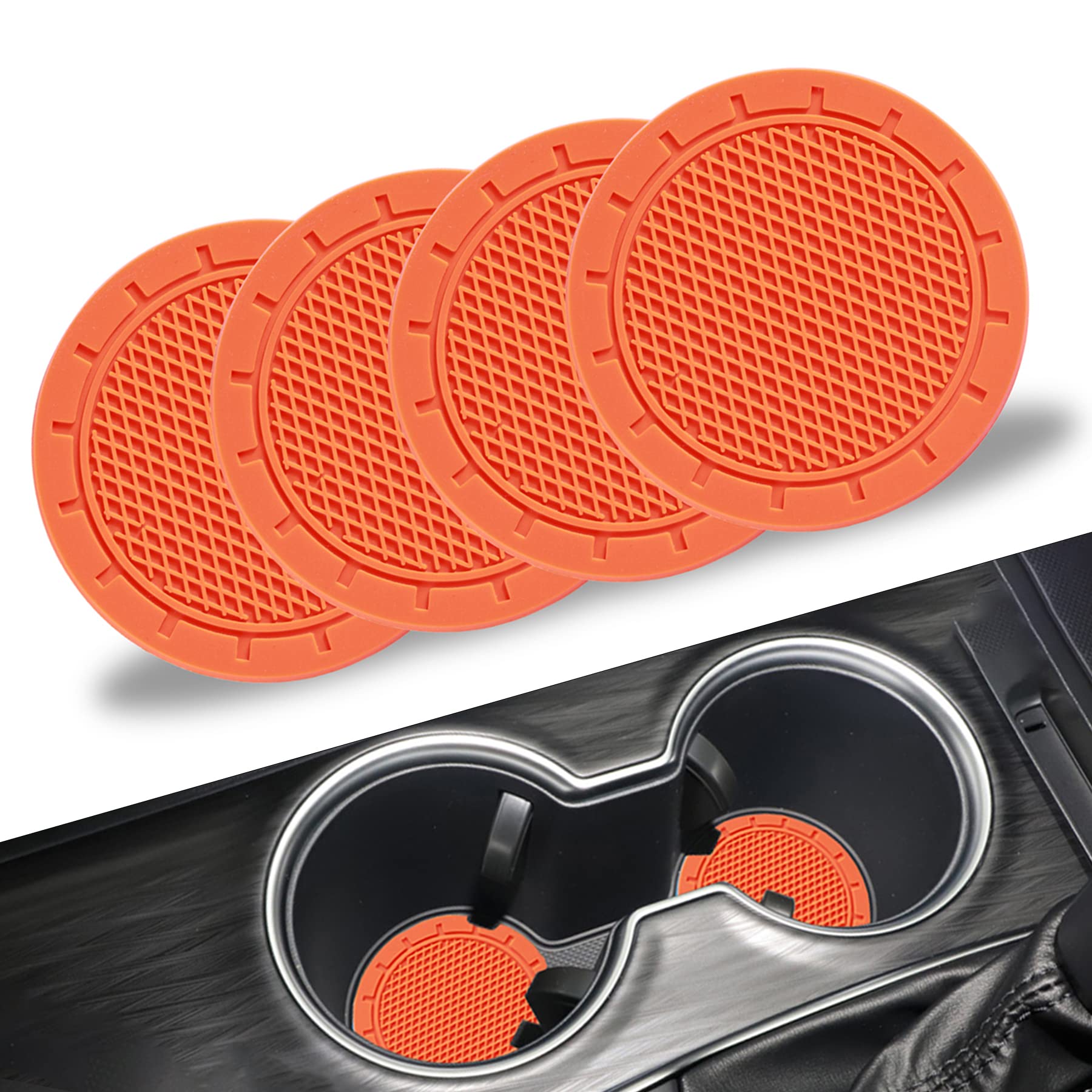 JUSTTOP 4 Pack Universal Car Cup Holder Coaster - Non-Slip PVC Auto Drink Coaster Insert for Most Vehicles, Durable Car Interior Accessories (Orange) - Perfect for Coffee, Soda Cans & Water Bottles in Cars, Trucks & SUVs