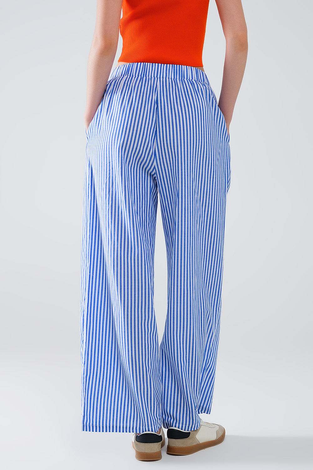 Blue Striped Elastic Waist Pants with Pockets - Comfortable Casual Wear for Work, Travel & Everyday Outfits