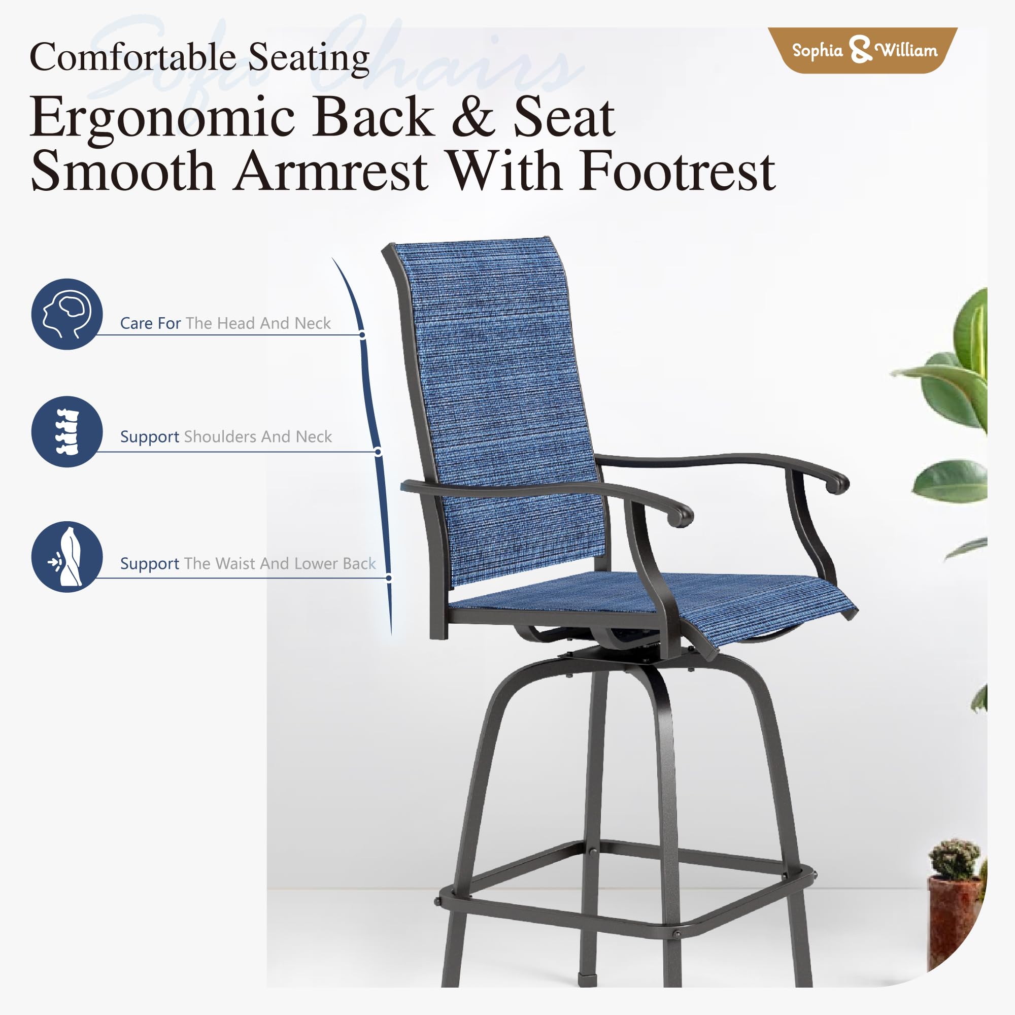 Sophia & William 4-Piece Swivel Bar Stool Set - 300 lb Capacity Patio Chairs with Blue Fabric - Perfect for Outdoor Dining, Poolside Lounging & Backyard Entertaining