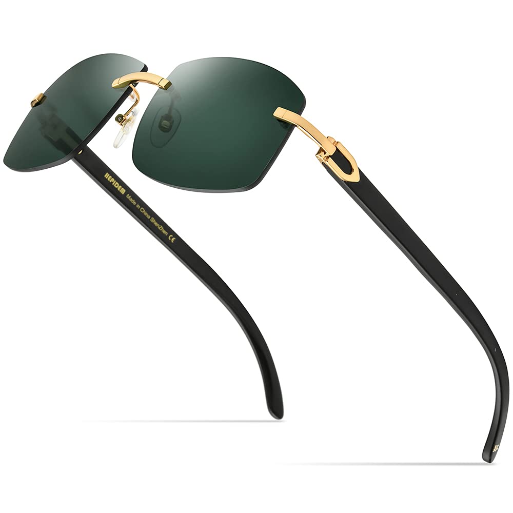 Authentic 100% Buffalo Horn Sunglasses for Men - Rimless Square Frame UV Protection - Stylish & Durable for Outdoor Activities, Driving & Fashion
