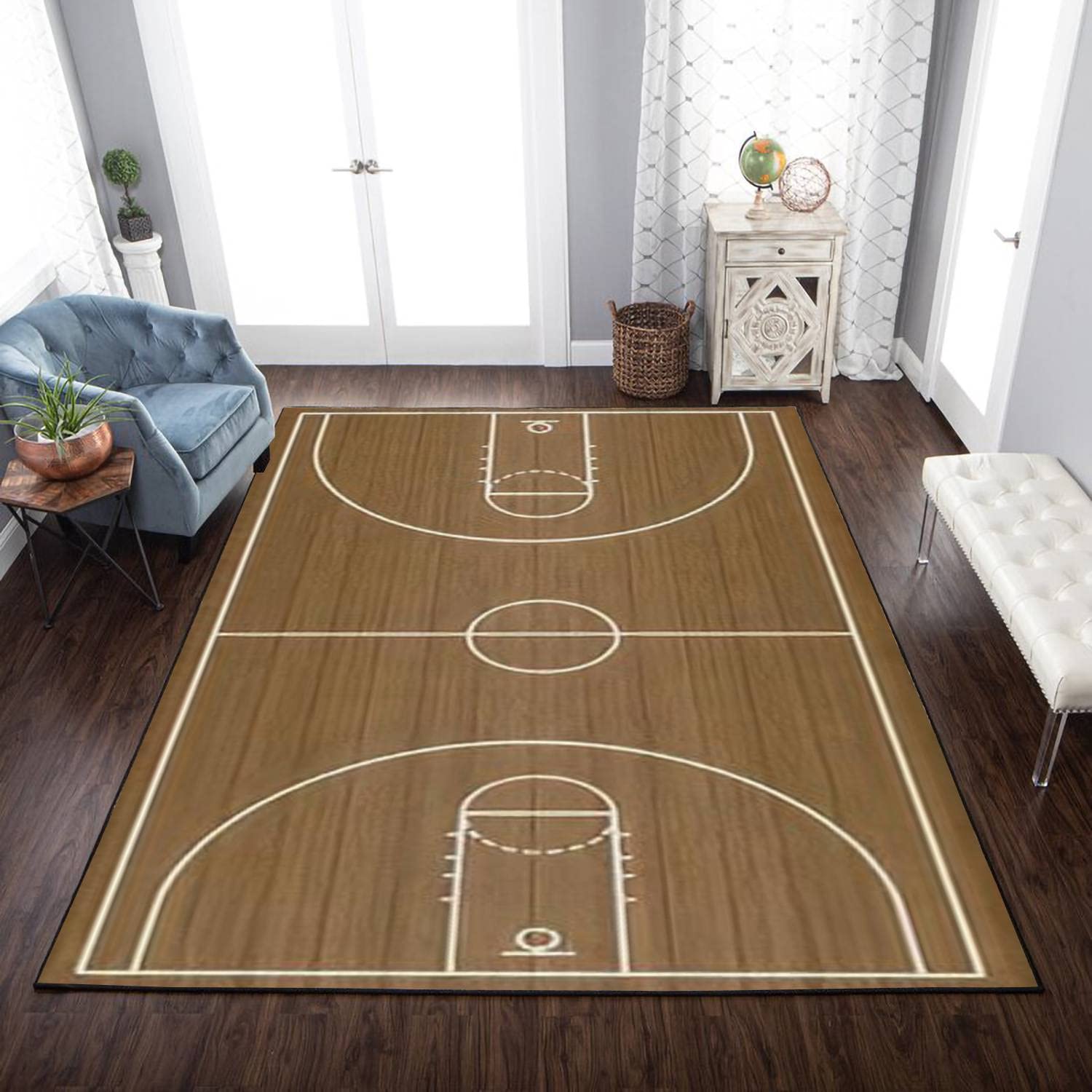 Basketball Court Area Rug - Non-Slip Hardwood Texture Floor Mat for Living Room, Bedroom, Kids Room | Indoor/Outdoor Use as Yoga Mat, Runner & Home Decor