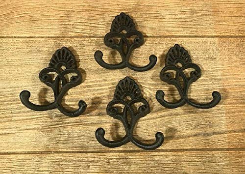 Rustic Cast Iron Crown Double Wall Hook Set of 4 (4.75 Inch) - Vintage Home Decor for Hanging Coats, Keys & Hats - Perfect for Farmhouse, Cabin & Entryway Organization