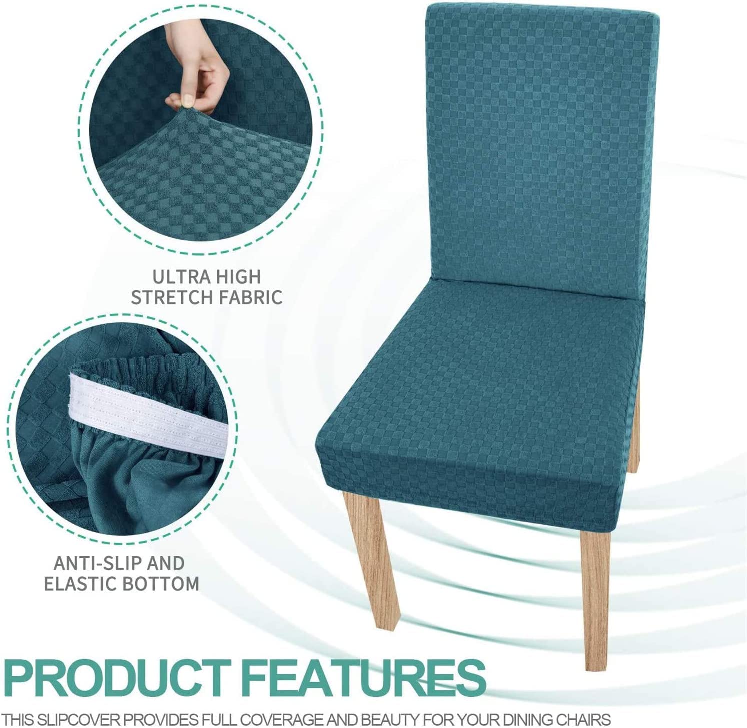 Stretch Checkered Dining Chair Slipcovers - Parsons Chair Protector Set of 2, Peacock Blue - Washable Furniture Covers for Kitchen, Restaurant, Party & Home Decor | Easy Fit Stretch Fabric for Dining Room Chairs