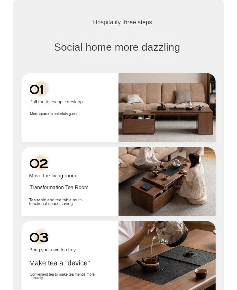 Premium Black Walnut Solid Wood Extendable Coffee Table - Expandable Dining Table for Small Spaces, Living Room Furniture for Home Office & Modern Apartments