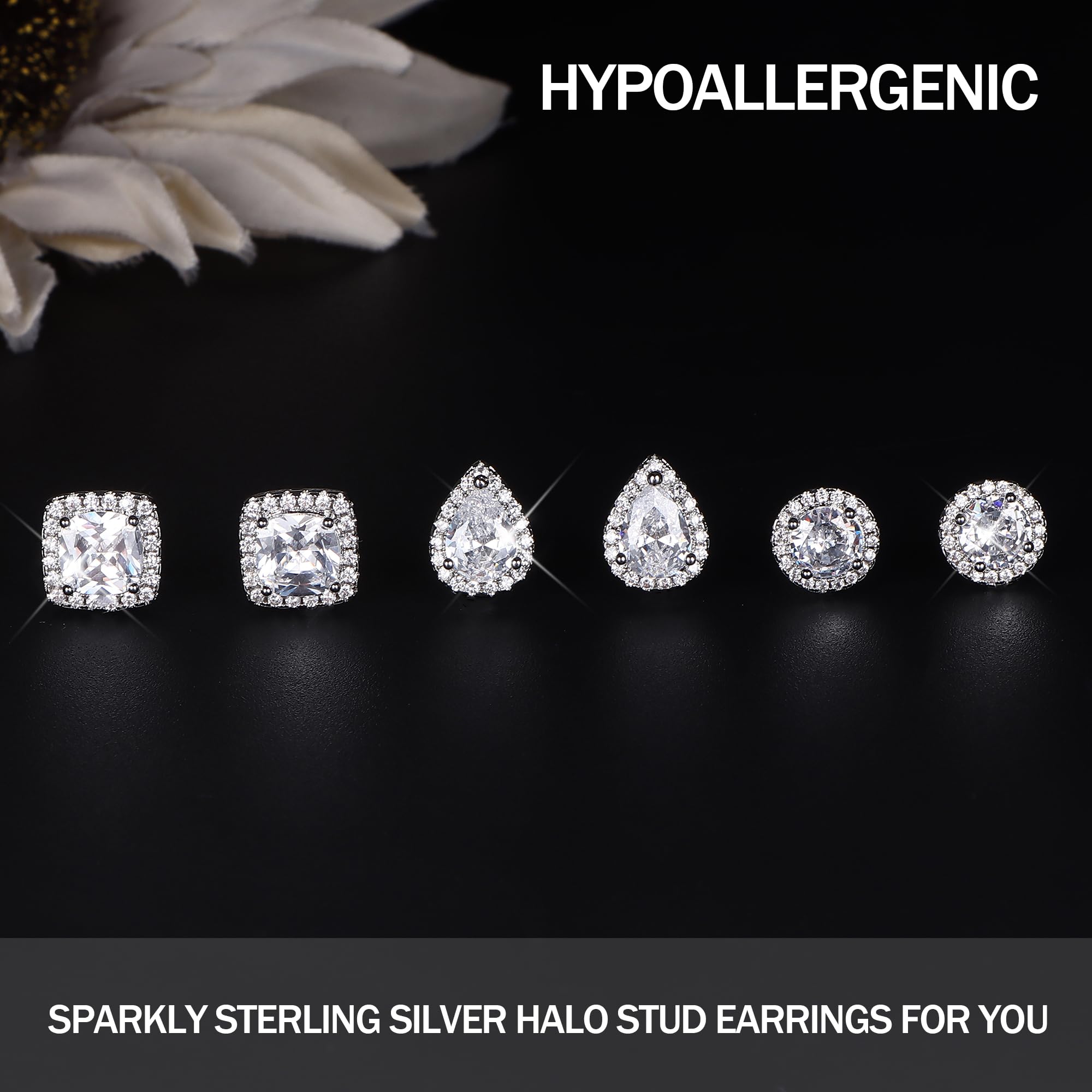 Chriscoco Hypoallergenic Sterling Silver Stud Earrings for Women & Men - Round, Square & Teardrop Cubic Zirconia Halo Studs - Simulated Diamond Earrings for Everyday Wear, Parties & Gifts