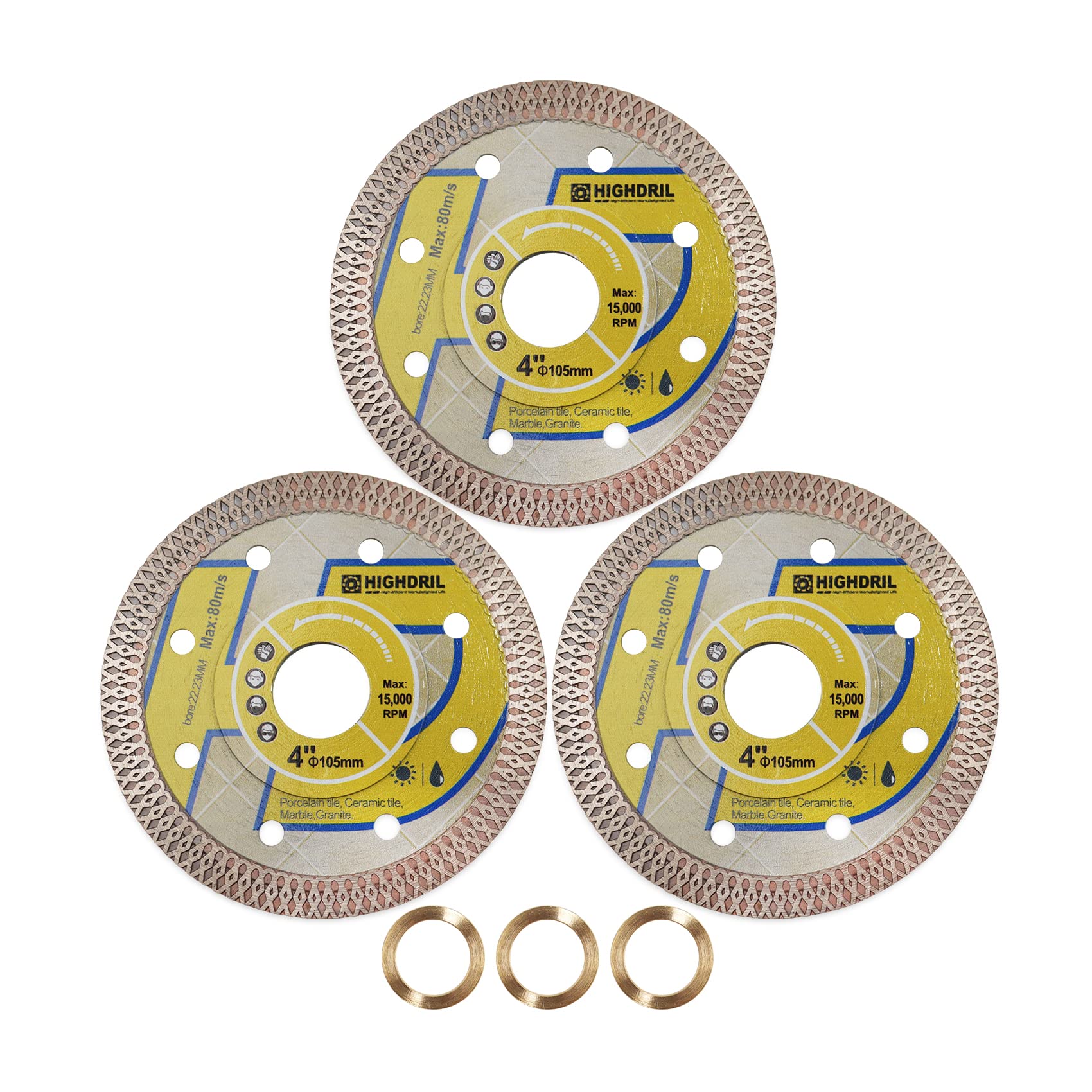 HIGHDRIL 4 Inch Diamond Saw Blade Set - 3 Pack Turbo X Mesh Diamond Tile Cutting Disc for Porcelain, Ceramic, Granite, Marble - Dry or Wet Use with Circular Saw - Perfect for Home Renovation & Professional Tile Installation