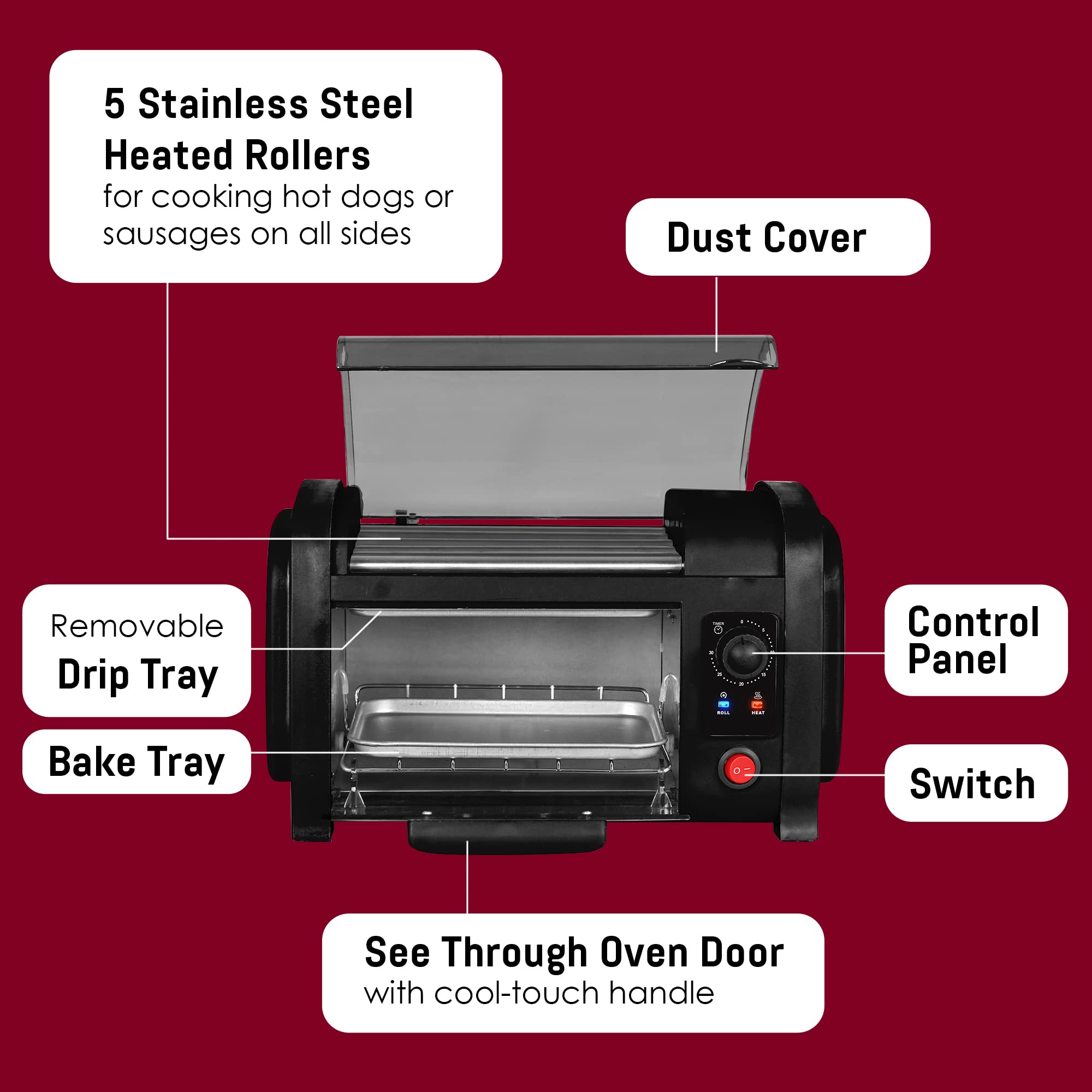 Elite Gourmet EHD-051B Hot Dog Toaster Oven - 4 Bun Capacity, 30-Min Timer, Stainless Steel Heat Rollers with Bake & Crumb Tray - Perfect for Baseball Game Nights, BBQs, and Quick Family Meals - Black