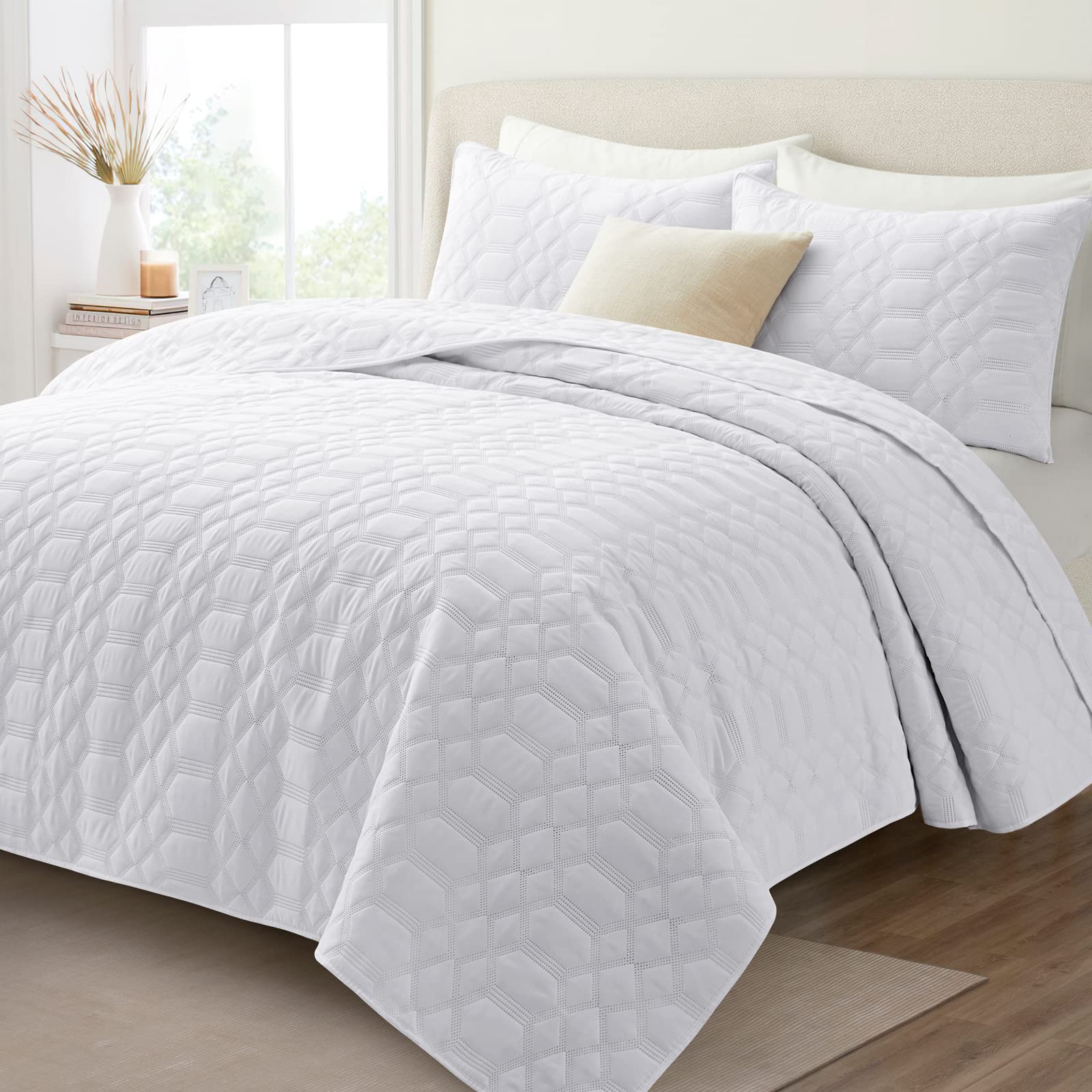Premium White Quilt Set for Queen Bed - All Season Lightweight Ultrasonic Bedding Set - Soft Microfiber Quilted Coverlet with 2 Pillow Shams (90