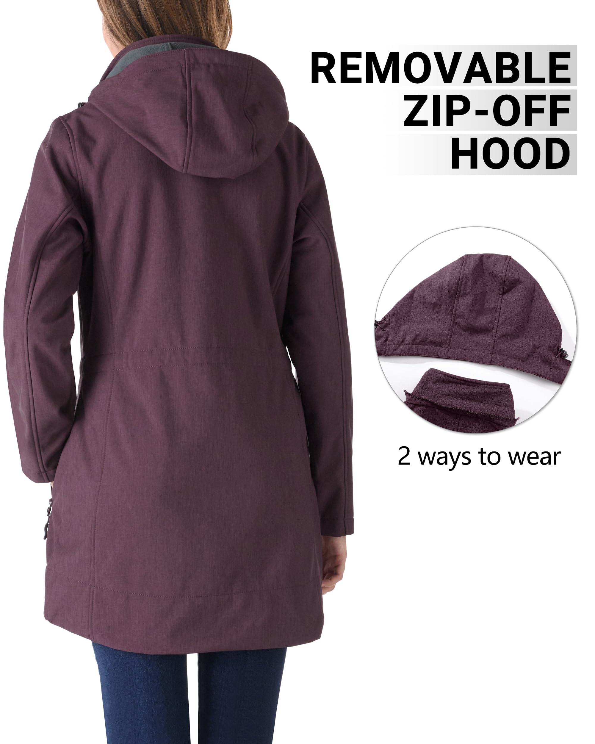 Outdoor Ventures Women's Softshell Jacket with Removable Hood, Fleece Lined Windbreaker, Insulated Long Warm Rain Jacket for Hiking, Camping & Winter Outdoor Activities