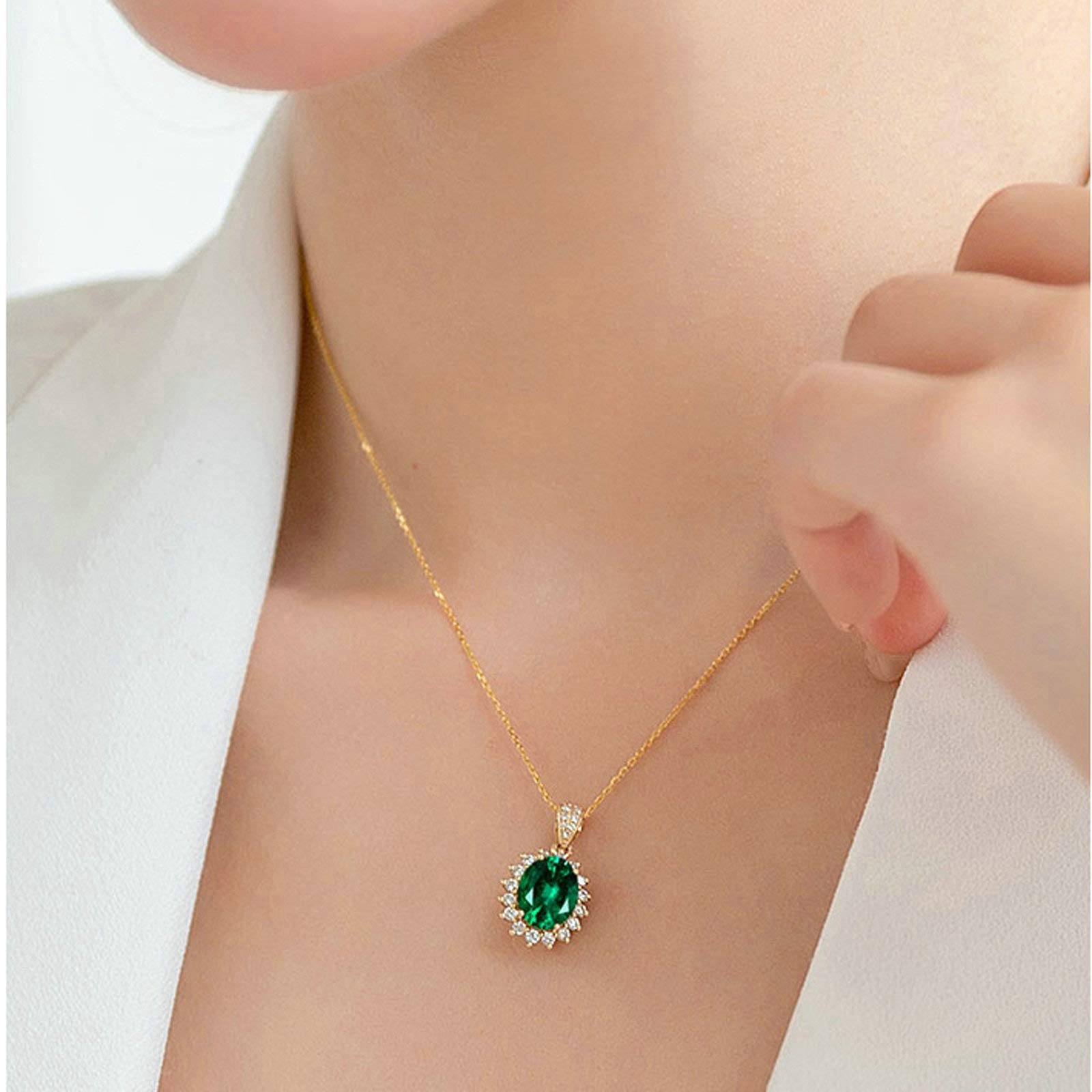 18K Yellow Gold Emerald Pendant Necklace for Women - 0.75ct Oval Green Emerald with Diamond Accents - Elegant Floral Design Jewelry for Weddings, Anniversaries & Special Occasions