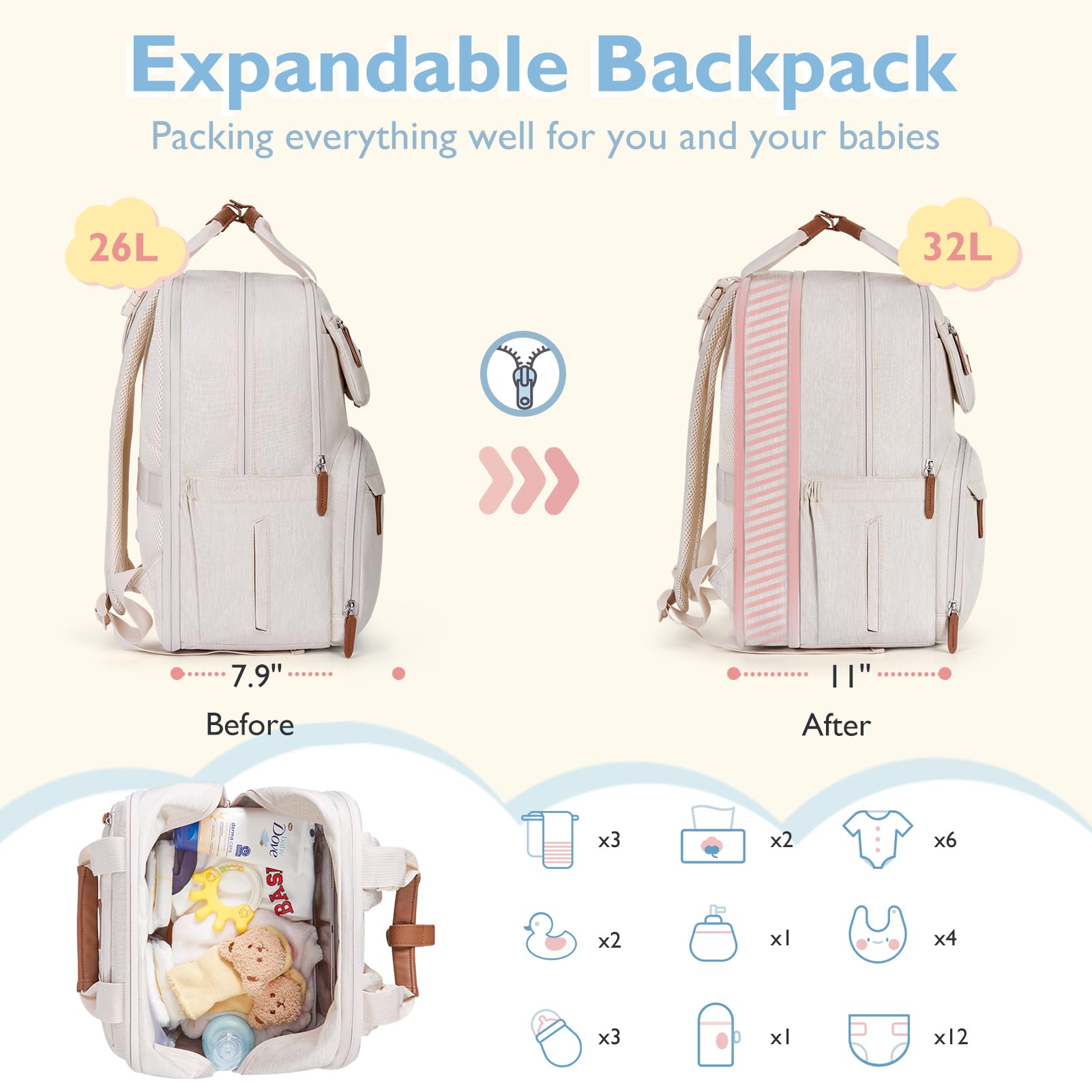 Mommore Expandable Diaper Backpack for Twins - Large Waterproof Baby Bag with Changing Pad | Durable Travel Backpack for Parents | Perfect for Daycare, Air Travel & Family Outings