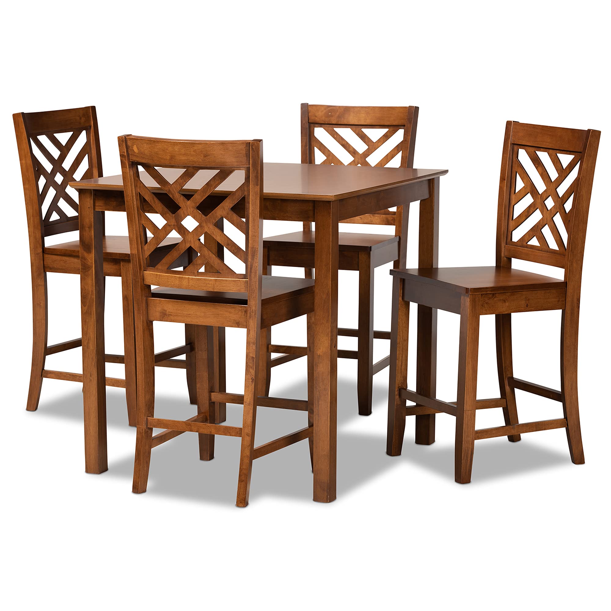 Baxton Studio Caron 5-Piece Pub Table Set - Walnut Brown Finished Wood Bar Height Dining Set for Kitchen, Patio & Outdoor Entertaining