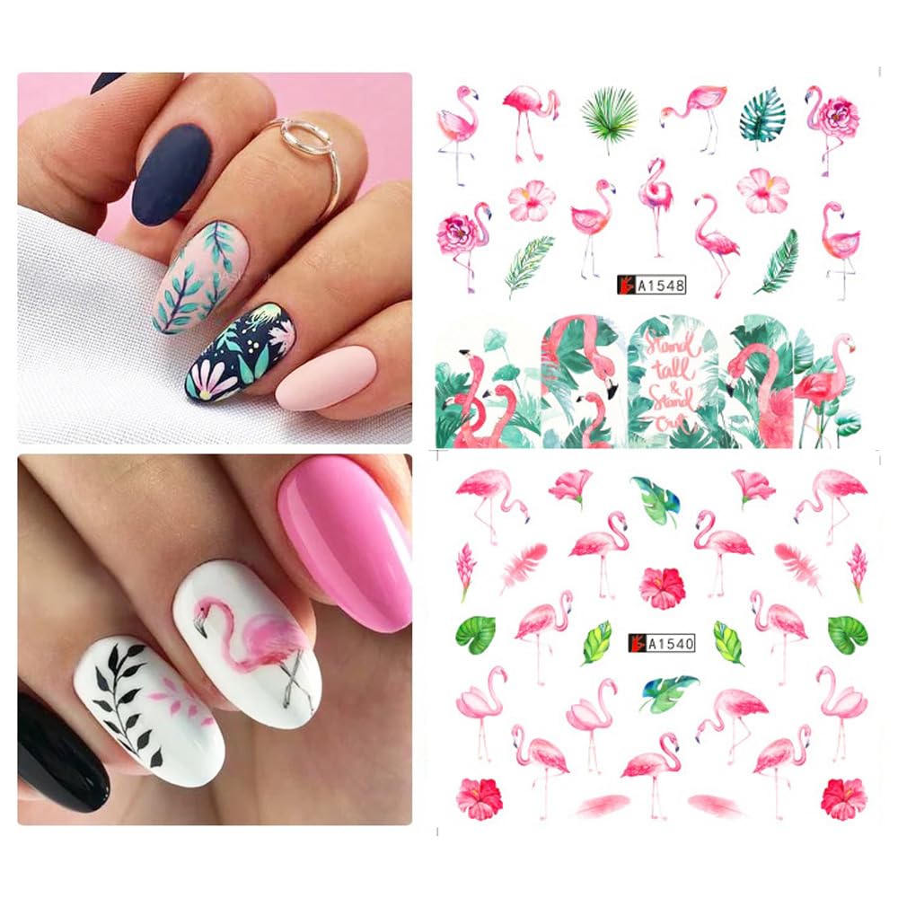 12 Sheet Flamingo Nail Art Stickers - Tropical Flamingo & Green Leaf Design Water Transfer Nail Decals | Summer Nail Decorations | Waterproof Acrylic Nail Stickers for Women DIY Manicure | Perfect for Beach Parties, Vacations & Summer Nail Art