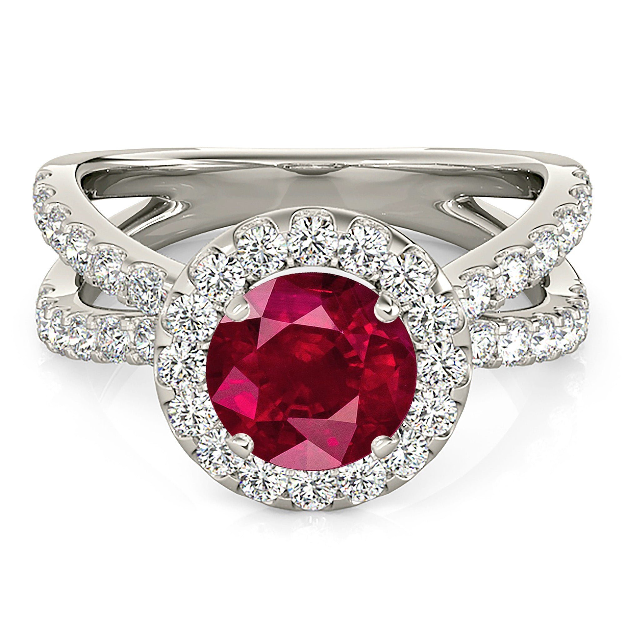 1.80 Carat Genuine Ruby Halo Ring with Open Split Diamond Band – Elegant Engagement, Wedding, Anniversary Gift for Her