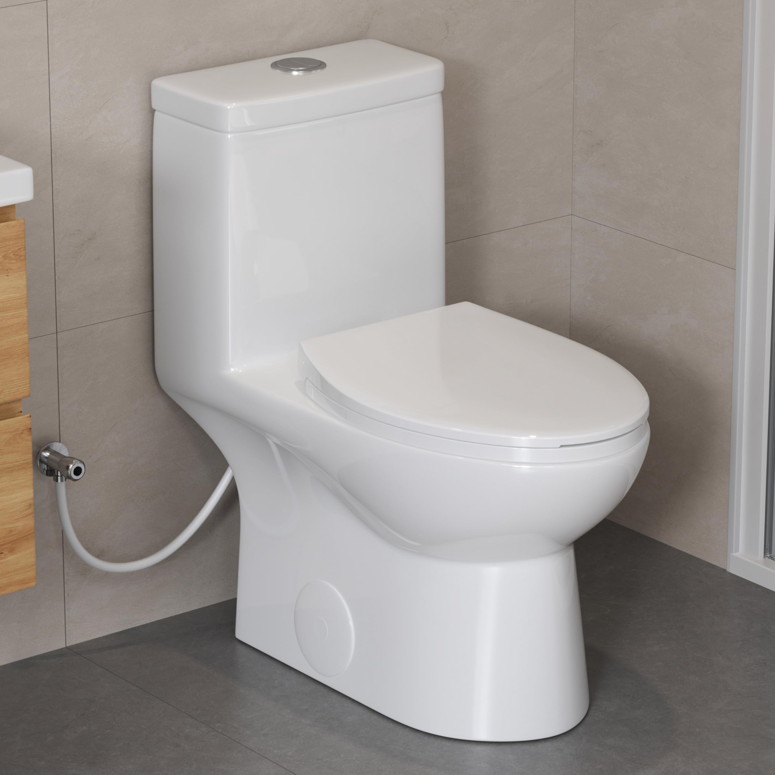 HOROW HR-LT137W Elongated One Piece Toilet with Soft Close Seat - Powerful & Quiet Dual Flush 1.1/1.6 GPF - 12-Inch Rough-In - 27.1x14.6x29.3 Inches - White - Perfect for Modern Bathrooms, Small Spaces & Water-Efficient Homes