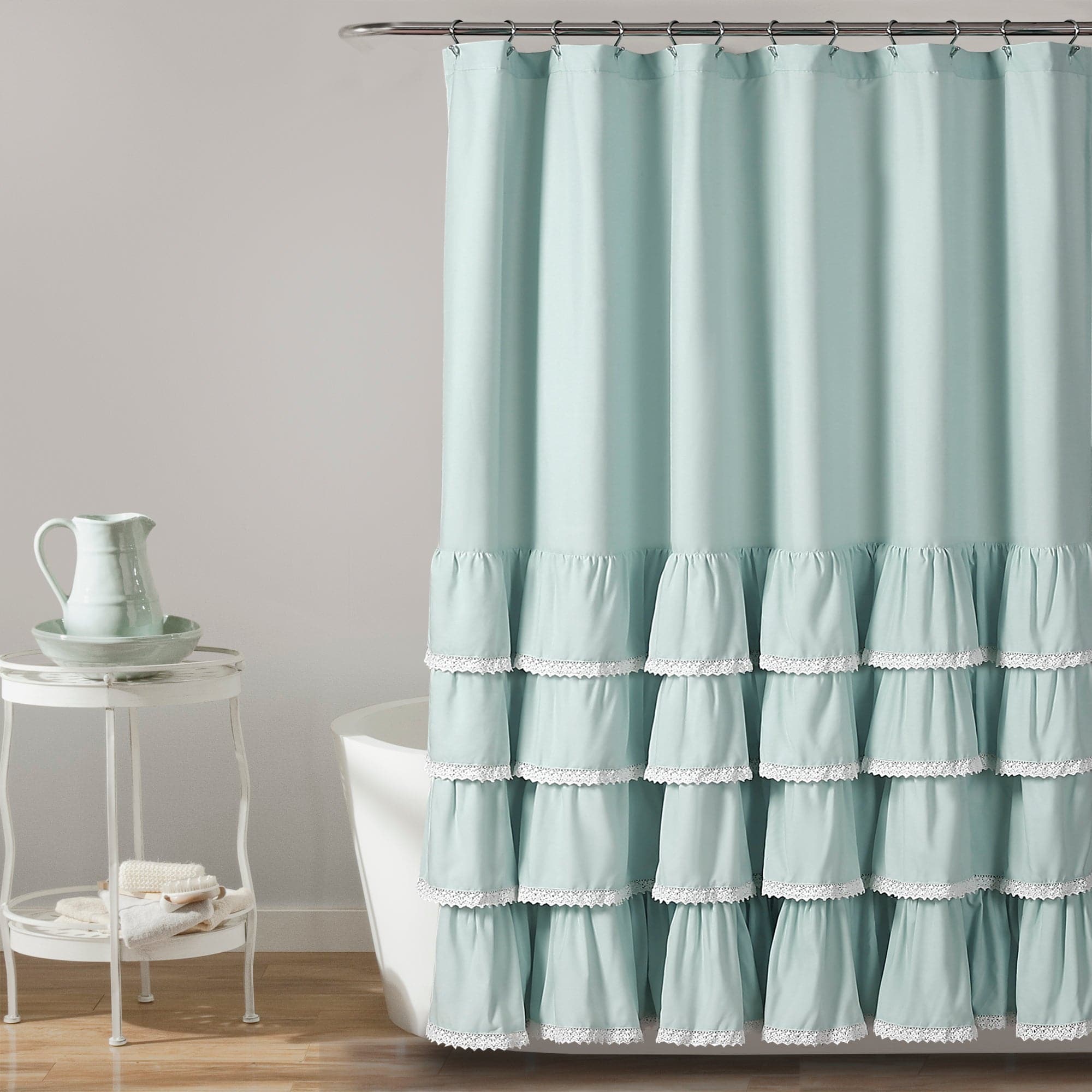 Ella Ruffle Lace Shower Curtain - Elegant Bathroom Decor with Floral Design, Waterproof Fabric for Bath & Shower - Perfect for Vintage, Boho, or Romantic Bathroom Styles