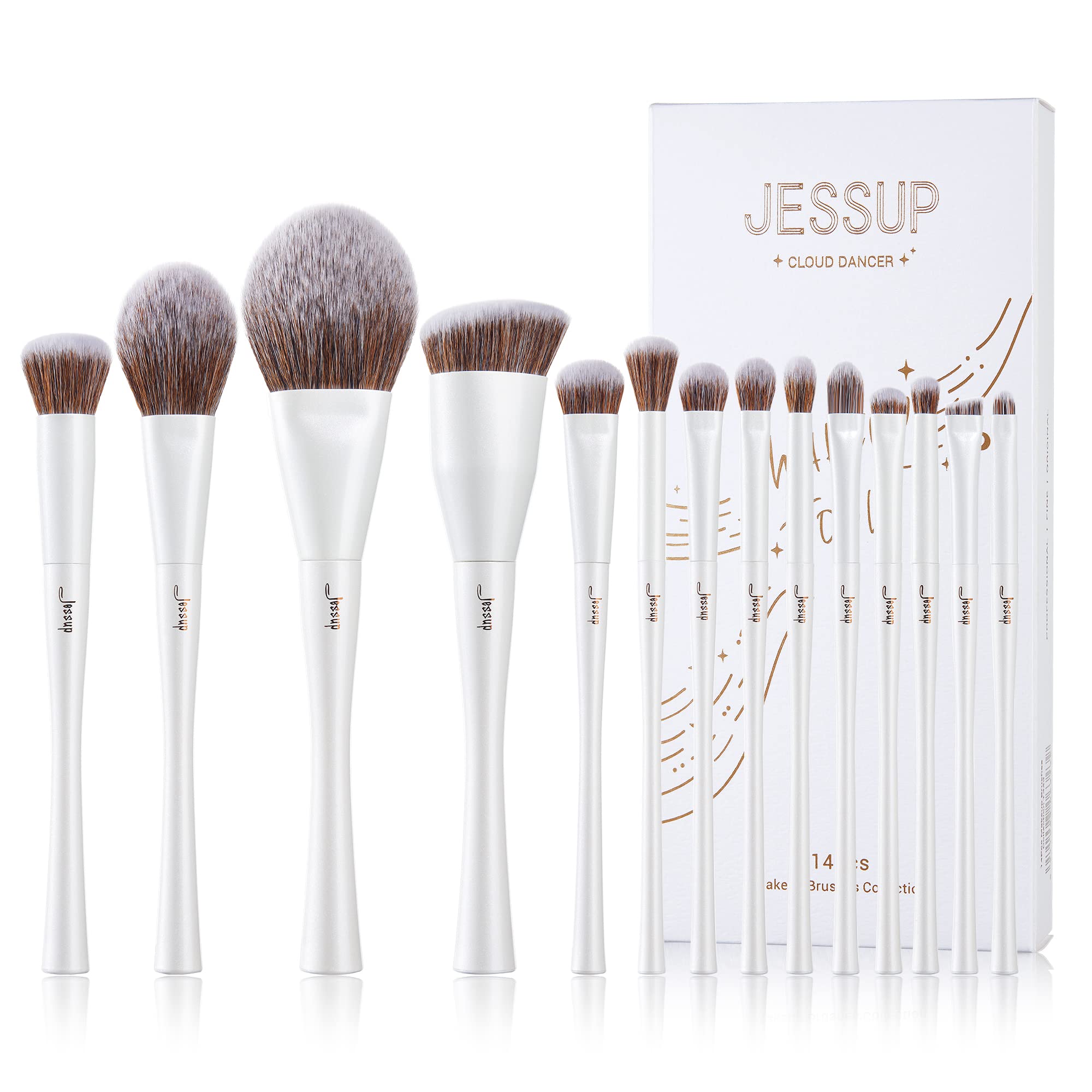 Jessup 14-Piece Premium Synthetic Makeup Brush Set - Foundation, Concealer, Blush, Contour, Powder & Eyeshadow Blending Brushes (Pearl White T343) - Perfect for Professional Makeup Artists & Beginners for Flawless Daily & Special Occasion Looks