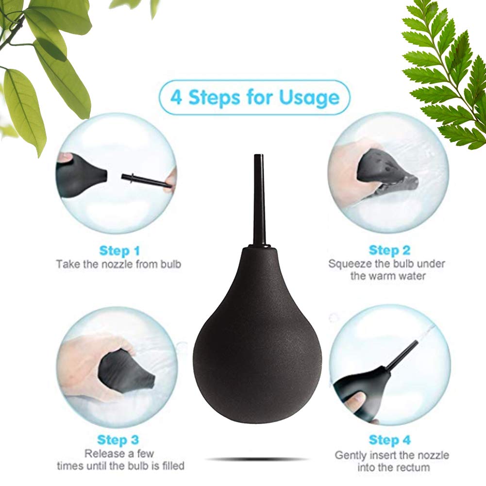 Premium Black Silicone Enema Bulb Kit 7.6oz - Anal Douche Cleaner for Men & Women with 19.7in Hose + 4 Replaceable Nozzles - Safe & Comfortable Colon Cleansing for Pre-Sex Preparation, Health Hygiene & Wellness Routine (Black)