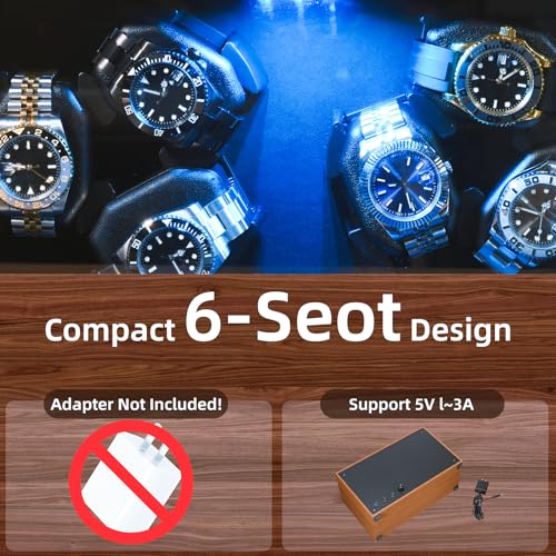 Automatic Watch Winder Box with 6 Watch Capacity - Super Quiet Motor, 4 Rotation Modes & Blue LED Backlight - Premium Wooden Watch Rotator for Men - Perfect Watch Storage & Display Case for Luxury Timepieces (SKW168) - Ideal for Watch Collectors, Travel Storage & Display Cabinets