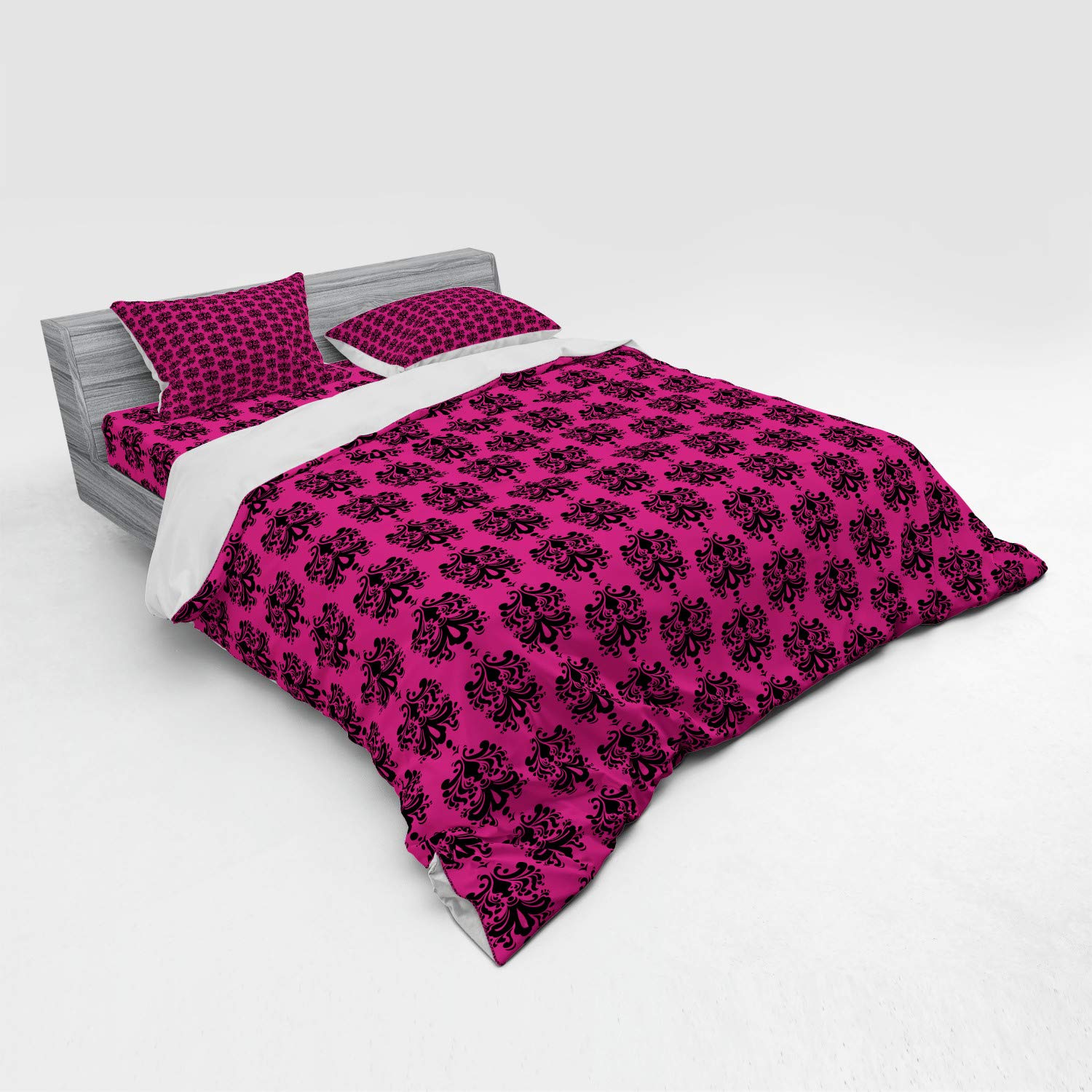 Ambesonne King Size 4-Piece Duvet Cover Set - Hot Pink & Black Oriental Damask Design, Includes Shams & Fitted Sheet | Luxurious Eastern-Themed Bedding for Master Bedroom, Guest Room, or Dorm Decor