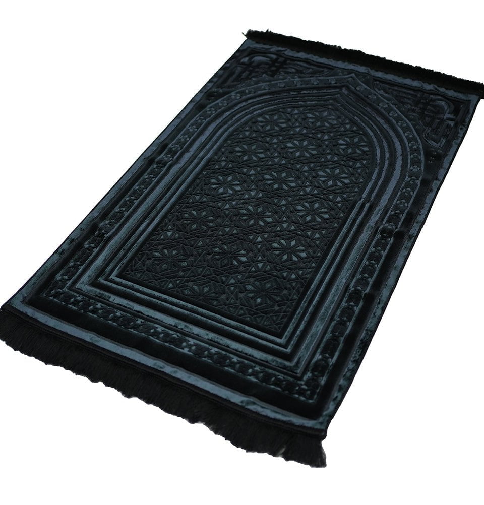 Premium 5-Piece Luxury Velvet Islamic Prayer Rug Set - Perfect for Ramadan, Hajj & Daily Prayers - Elegant Black Design for Home, Mosque & Travel Use